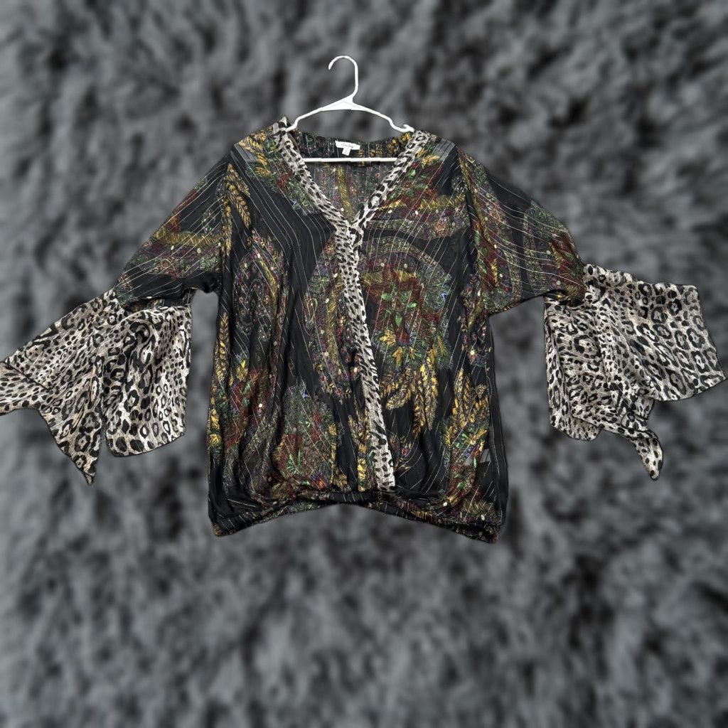 Bell Mirror Image Blouse Womens XL Black Paisley Leopard Bell Sleeve Sheer Boho Top Size XL / US 12-14 / IT 48-50 - 1 Thumbnail