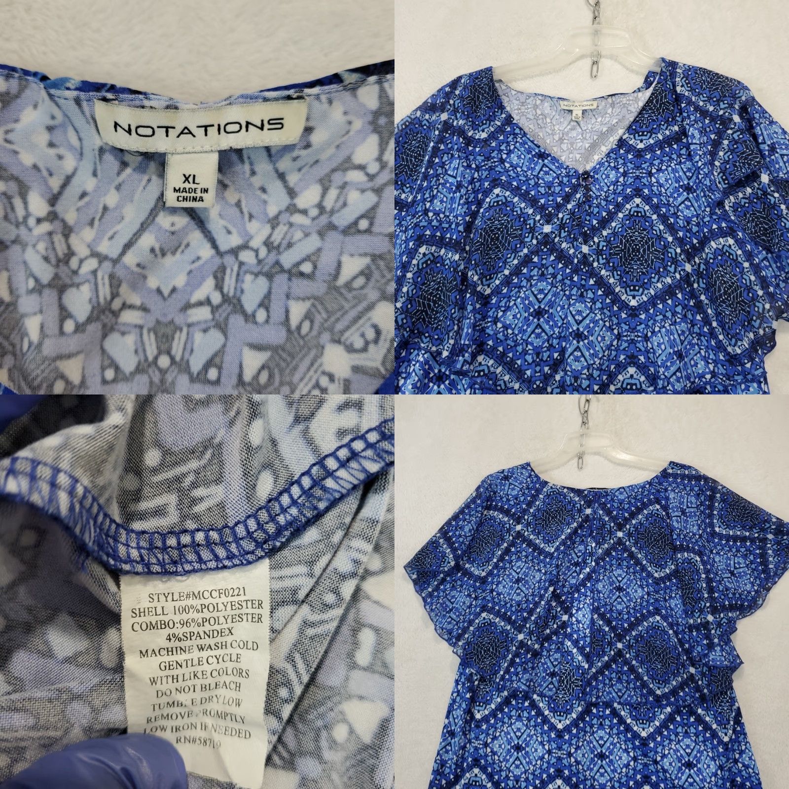 Vintage Notations Layered Flutter Sleeve Blue Geometric Print Blouse Womens XL Size XL / US 12-14 / IT 48-50 - 8 Thumbnail