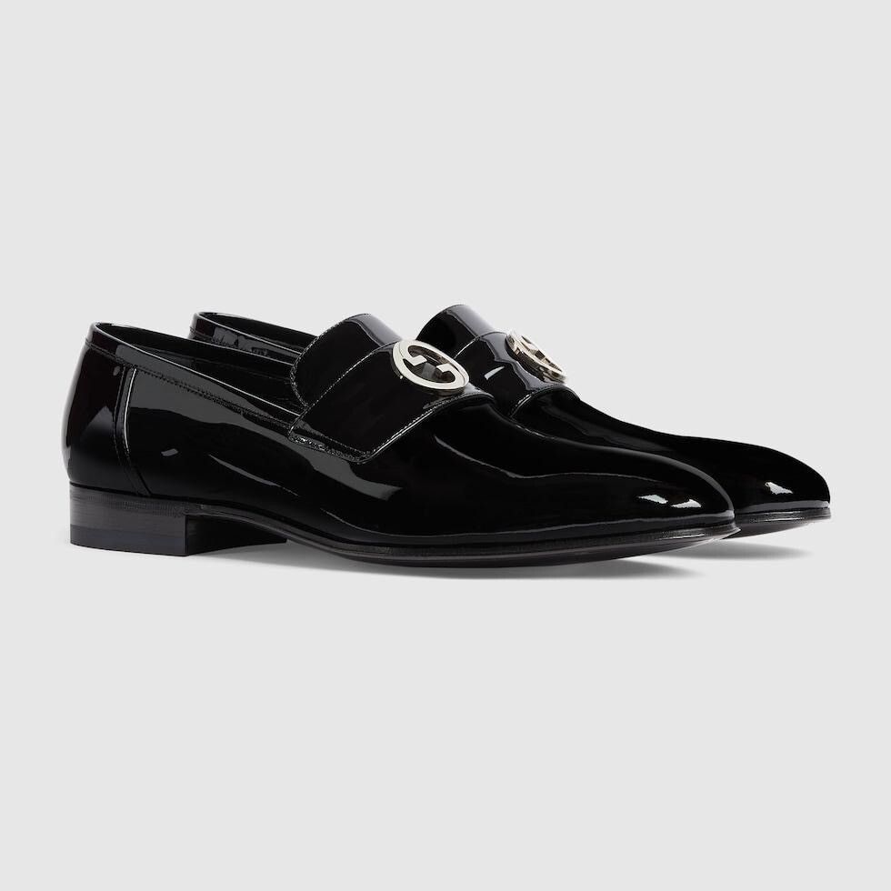 image of Gucci Classic Patent Leather Interlocking Logo Loafer Shoes in Black, Men's (Size 12)