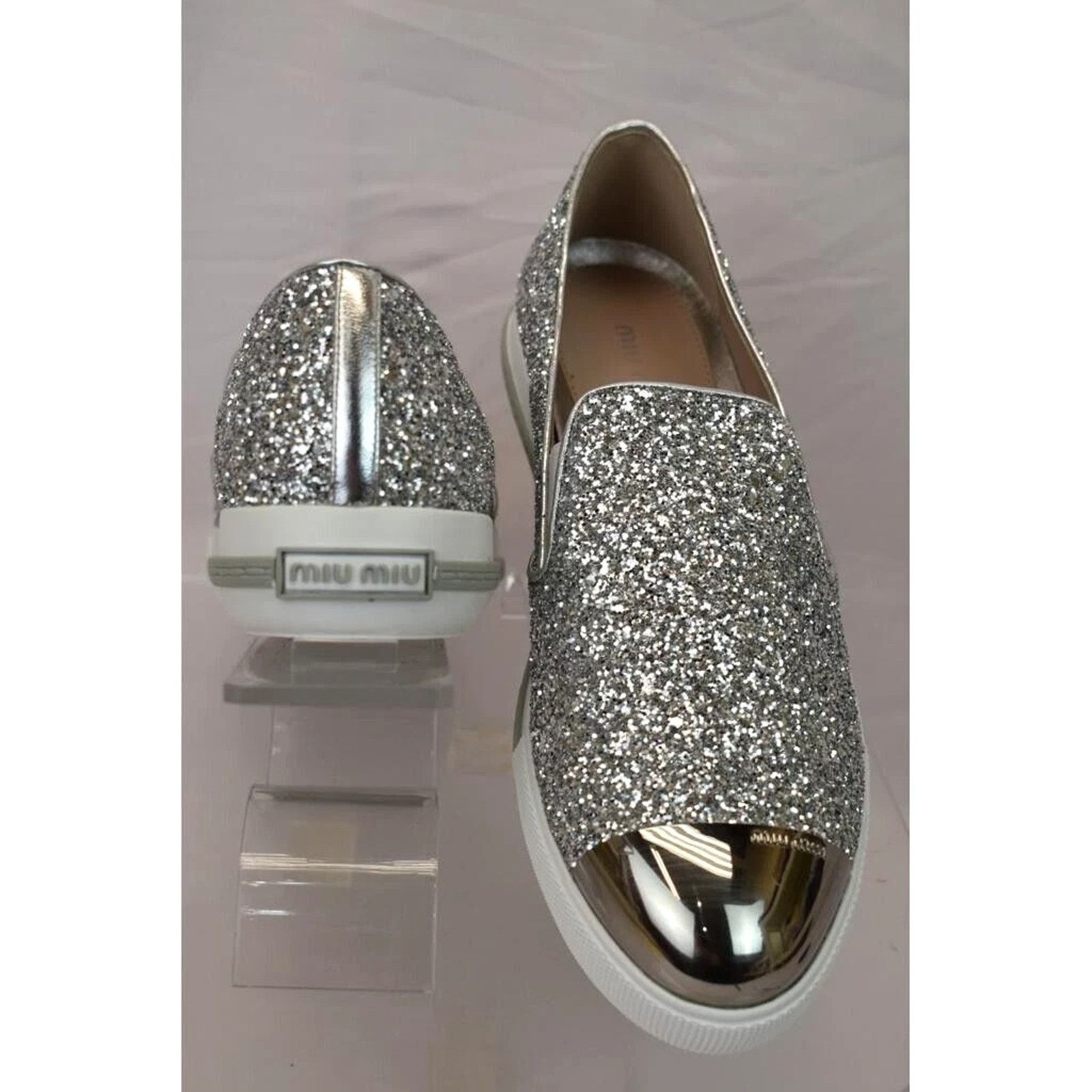 Miu Miu MIU MIU PRADA SILVER GLITTER METAL CAP TOE LOGO SNEAKERS 41 Size US 11 / IT 41 - 2 Thumbnail