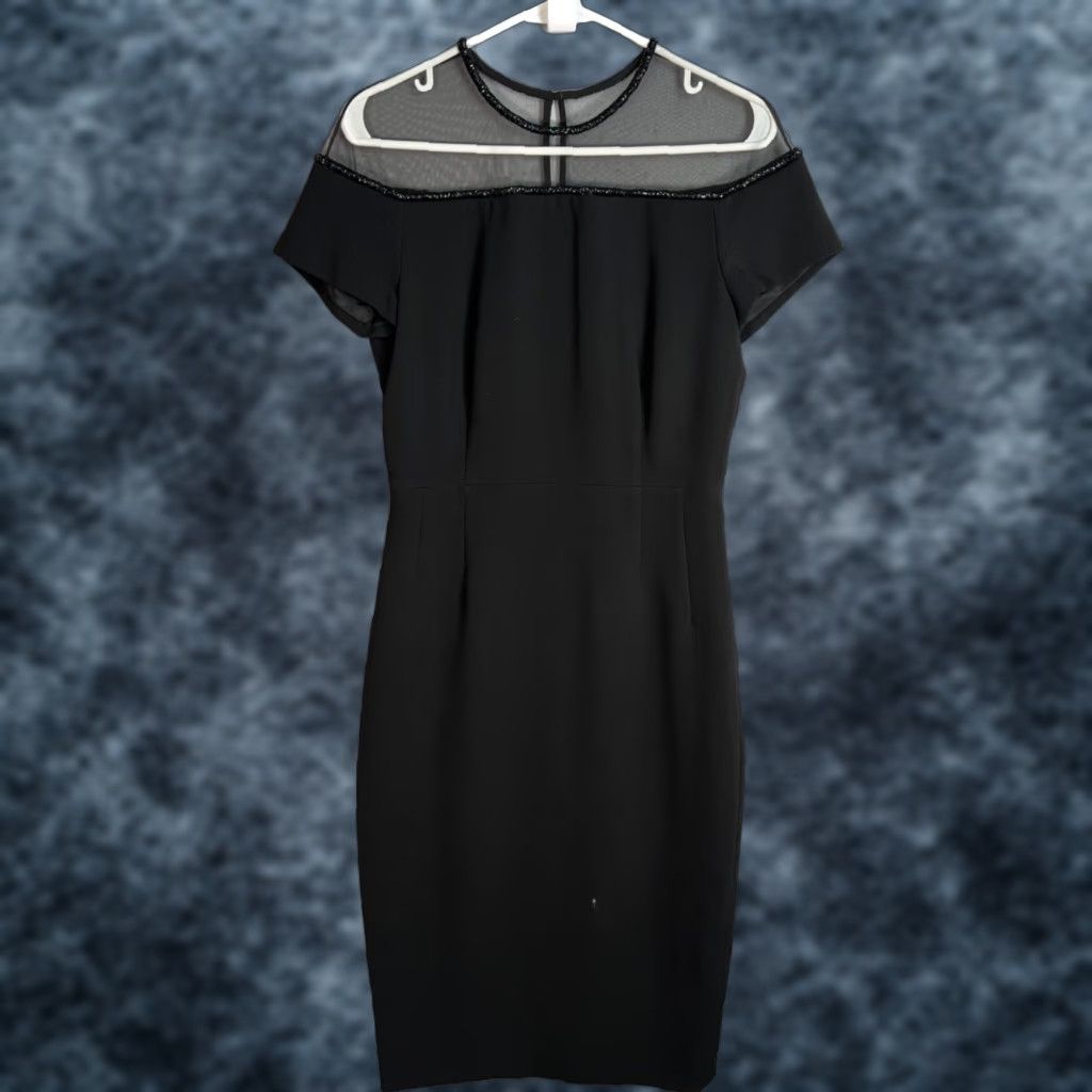 VINTAGE Escada Black Cocktail Dress Women Long Fit & Flare Off-Shoulder Beaded Sheer Neckline Size 36