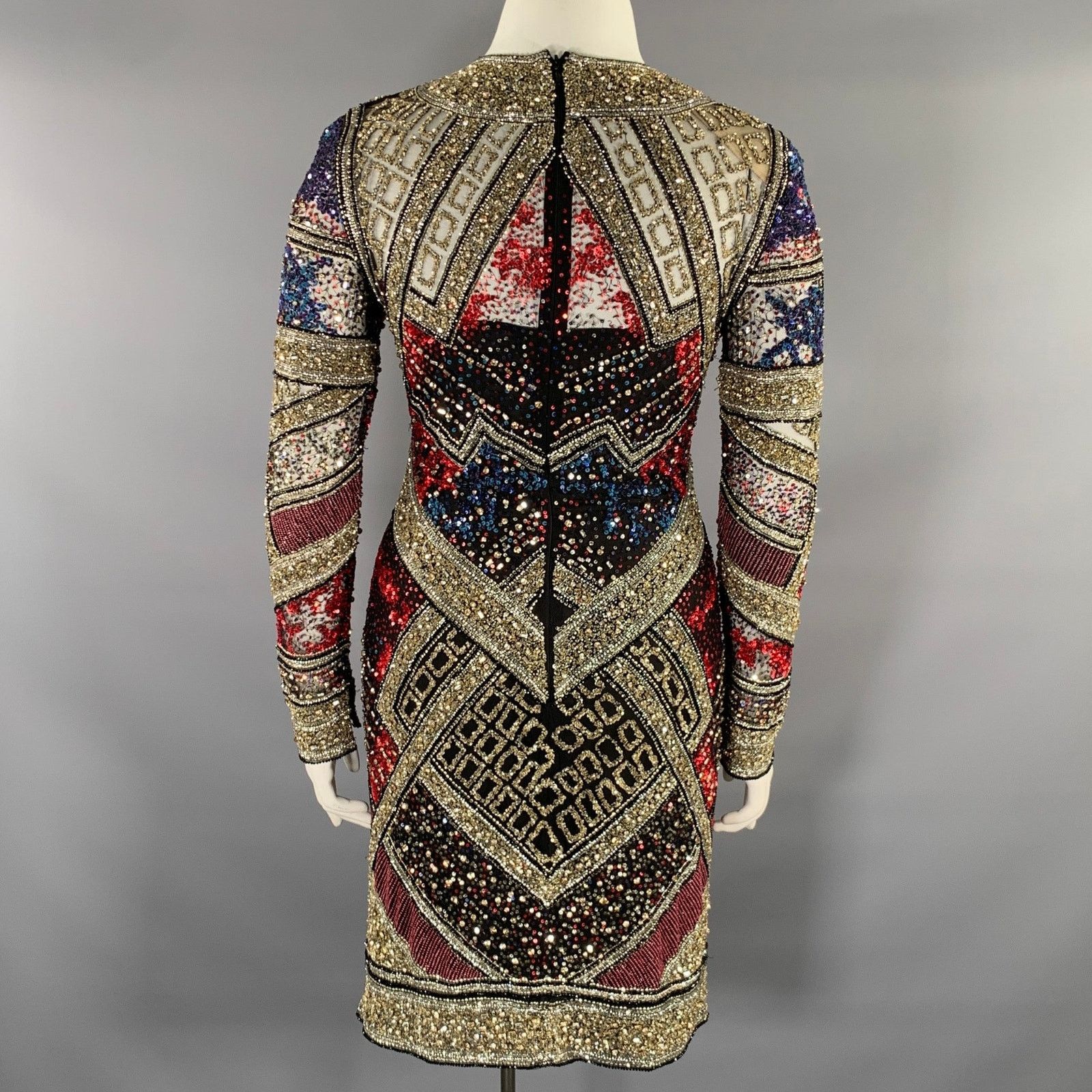 Naeem Khan Size 8 Silver Red & Blue Sequined Midi Cocktail Dress Size M / US 6-8 / IT 42-44 - 5 Thumbnail