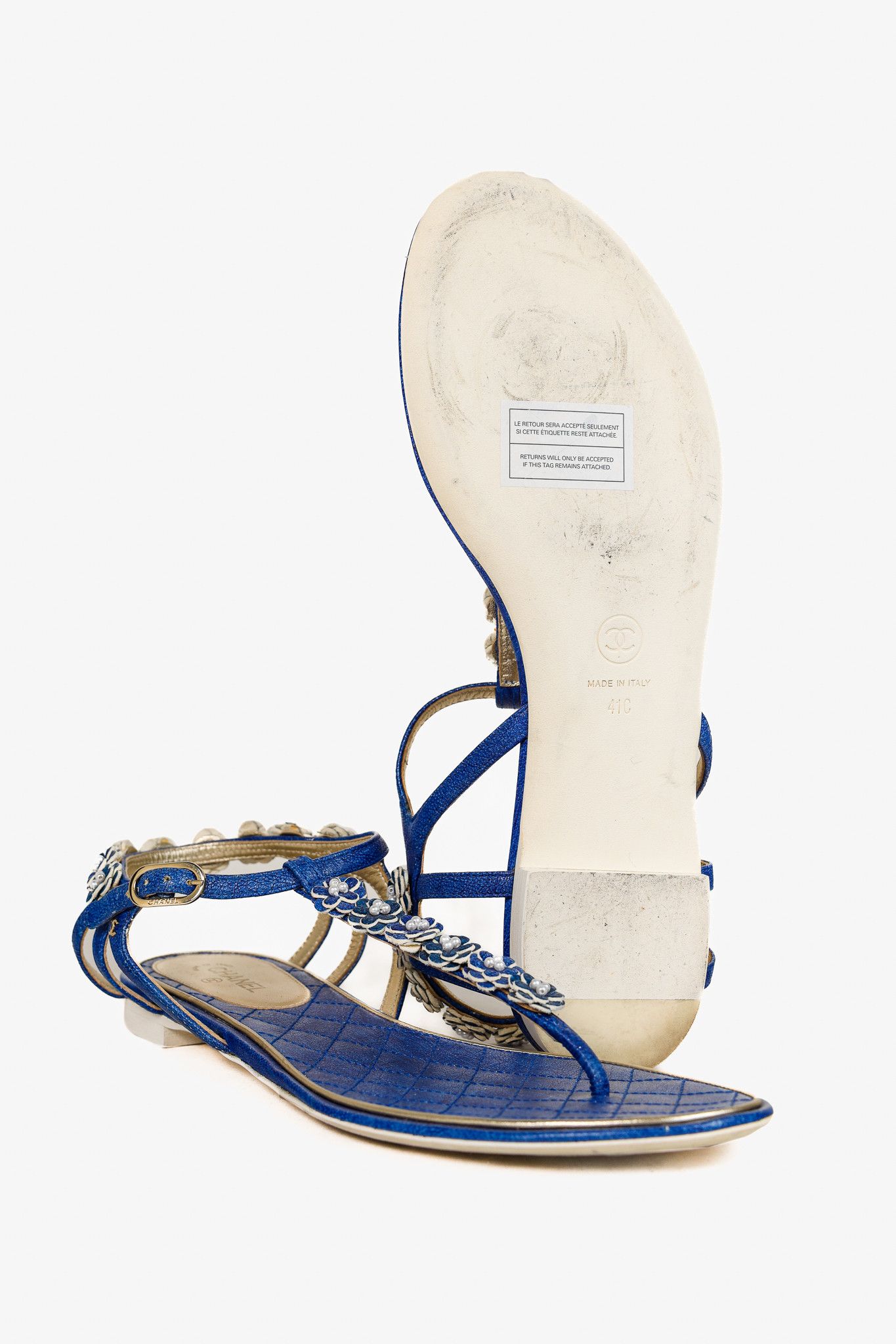 Chanel Chanel Blue Floral-Embellished Leather Thong Sandals Size US 10.5 / IT 40.5 - 5 Thumbnail