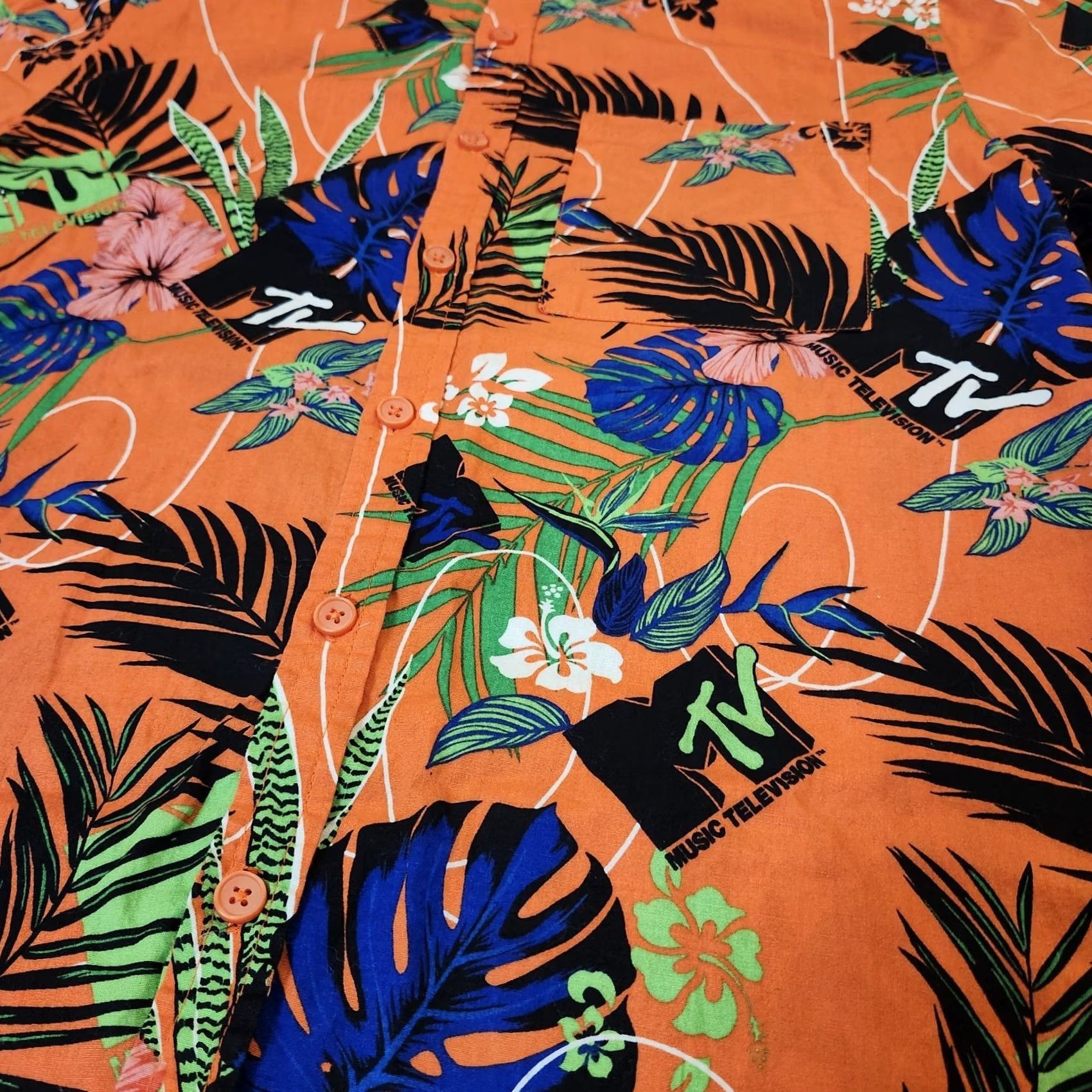Logo 7 MTV Hawaiian Shirt Adult Large Orange Floral Logo Button Up Short Sleeve Mens Size US L / EU 52-54 / 3 - 6 Thumbnail