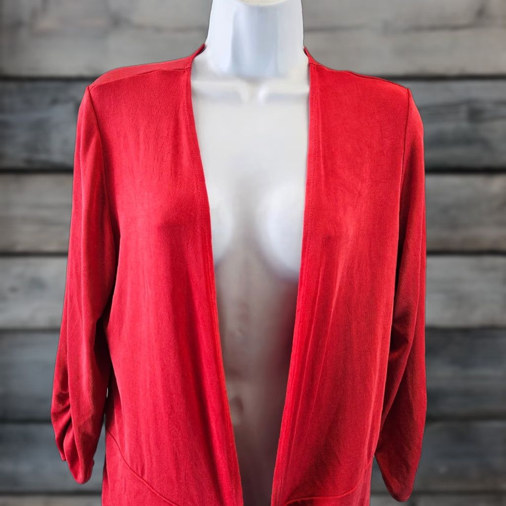 Vintage Chico's Travelers Cardigan Women Medium Solid Red 3/4 Sleeve Tie Front Satin Acetate Knit Sweater Mens? Size M / US 6-8 / IT 42-44 - 1 Thumbnail