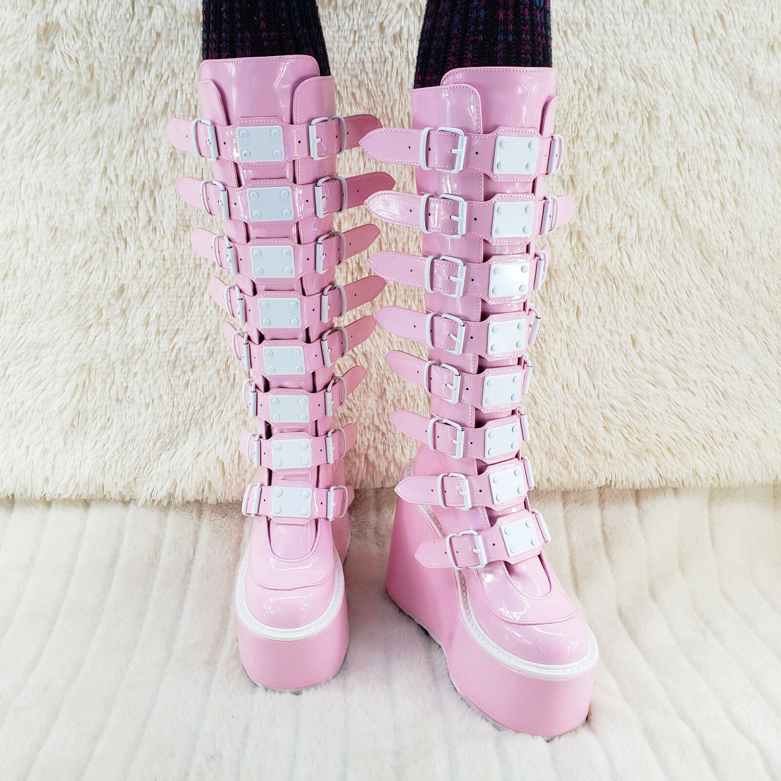 Demonia Cult DEMONIA Trinity Swing 815 Pink Hologram Patent Goth Knee Boo Size US 7 / IT 37 - 7 Thumbnail