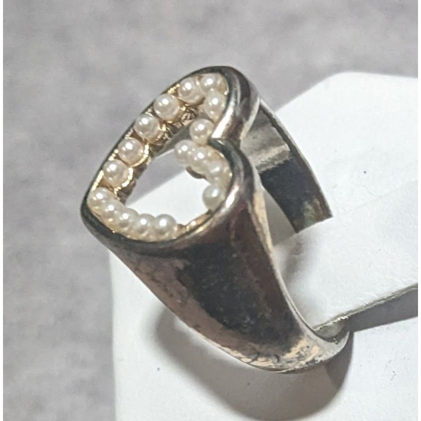 Other Vintage Open Heart Silver Tone Seed Pearl Ring Size 6 1/4 Size ONE SIZE - 2 Thumbnail