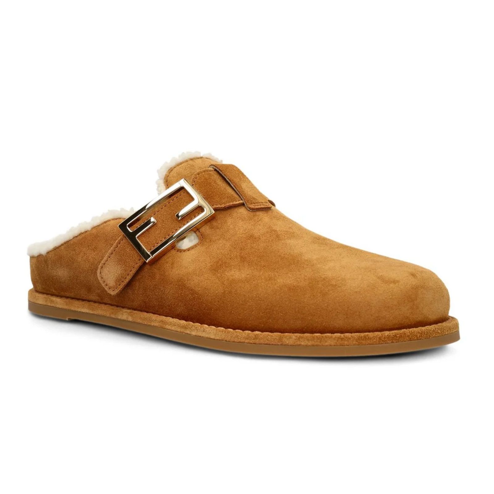 Fendi Fendi Feel Mules Caramel Brown Suede Shearling FF Gold Logo Size US 12 / IT 42 - 3 Thumbnail