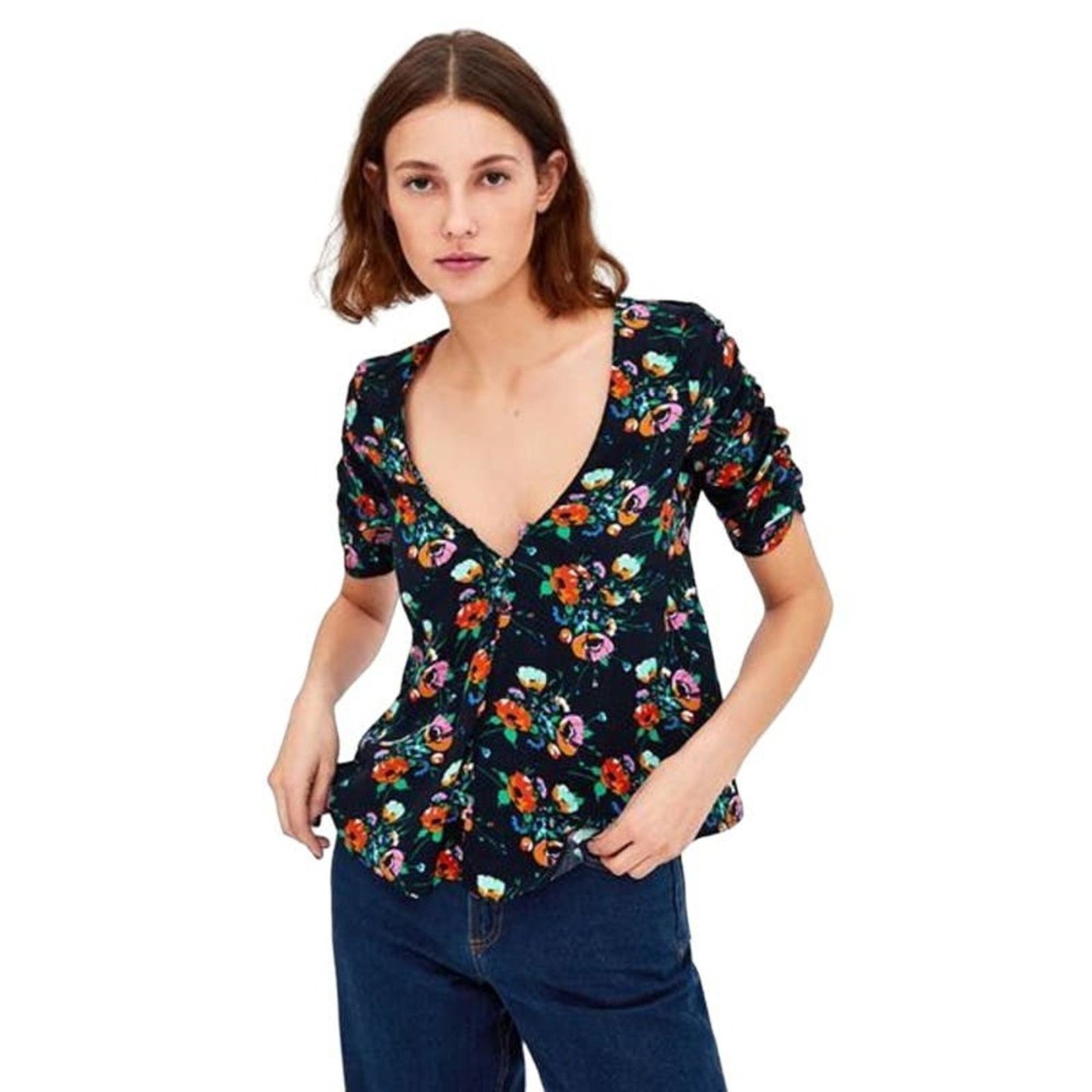 Zara Zara Trafaluc Collection Floral V-Neck Ruched Blouse Size XS Size XS / US 0-2 / IT 36-38 - 1 Thumbnail