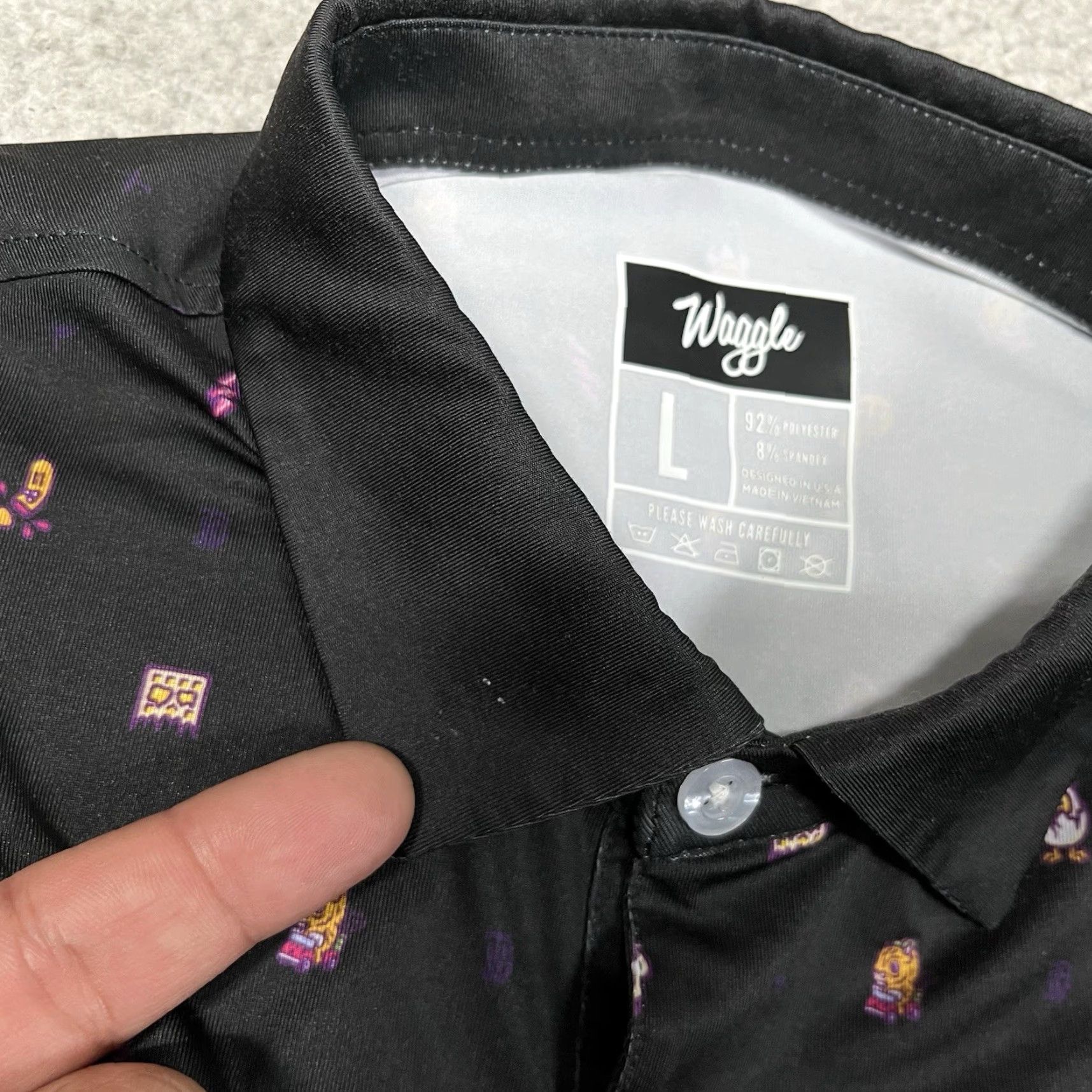 Vintage Waggle Polo Shirt Mens L Black All Over Print Performance Golf Stretch AOP Size US L / EU 52-54 / 3 - 5 Thumbnail