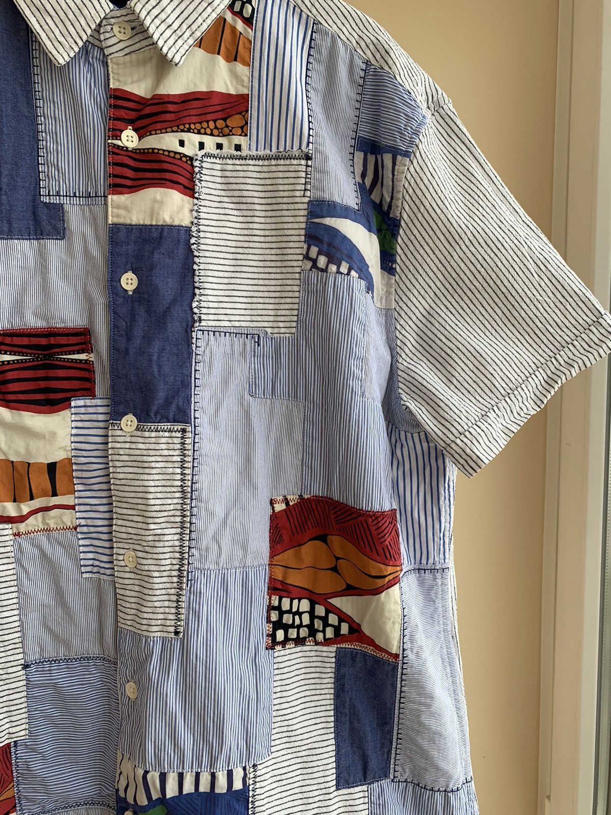 Desigual Salsa Slim Fit Patchwork Madras Striped Short Sleeve Shirt Size US XL / EU 56 / 4 - 6 Thumbnail