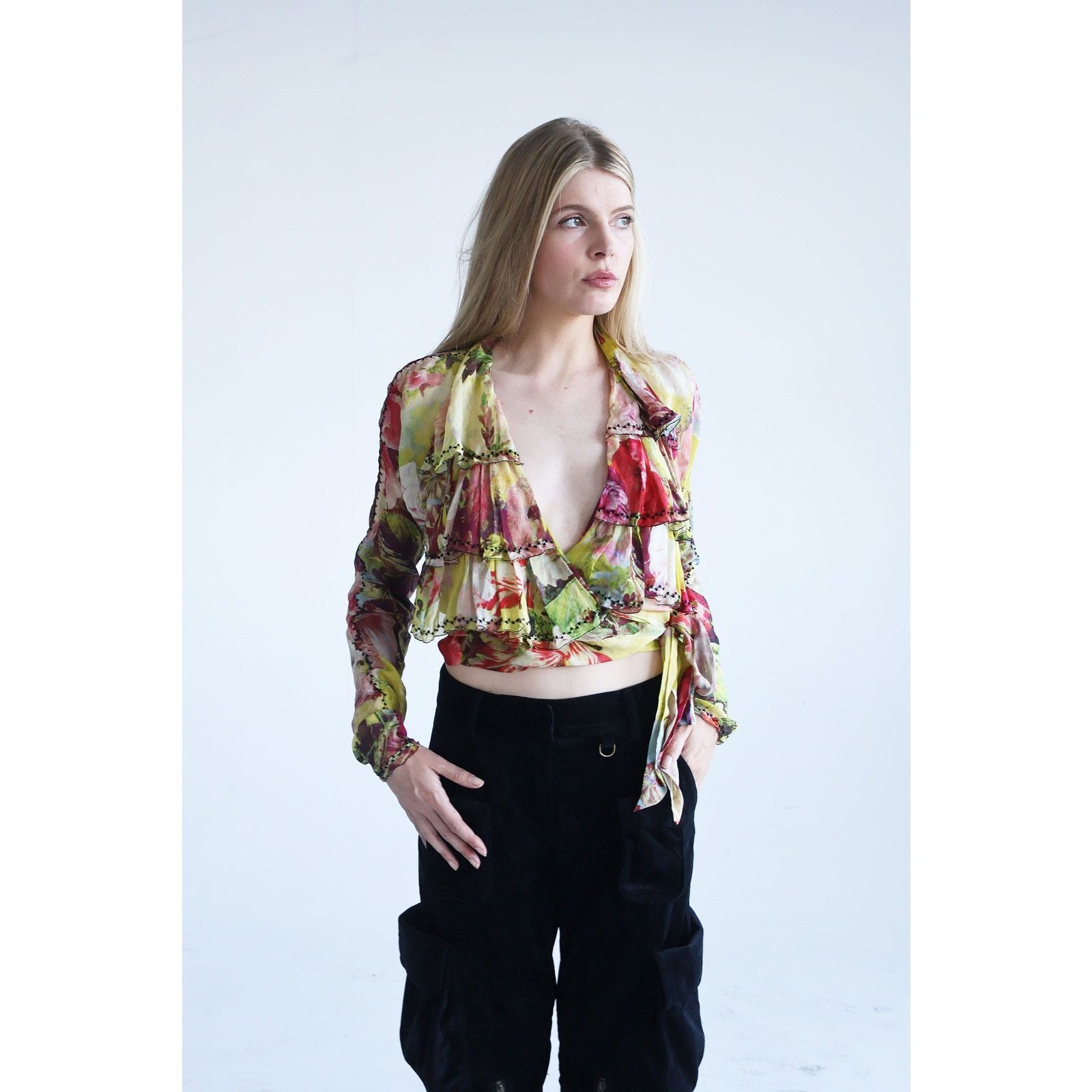 Jean Paul Gaultier Vintage Jean Paul Gaultier Floral Print Silk Ruffle Wrap Top Size M / US 6-8 / IT 42-44 - 2 Thumbnail