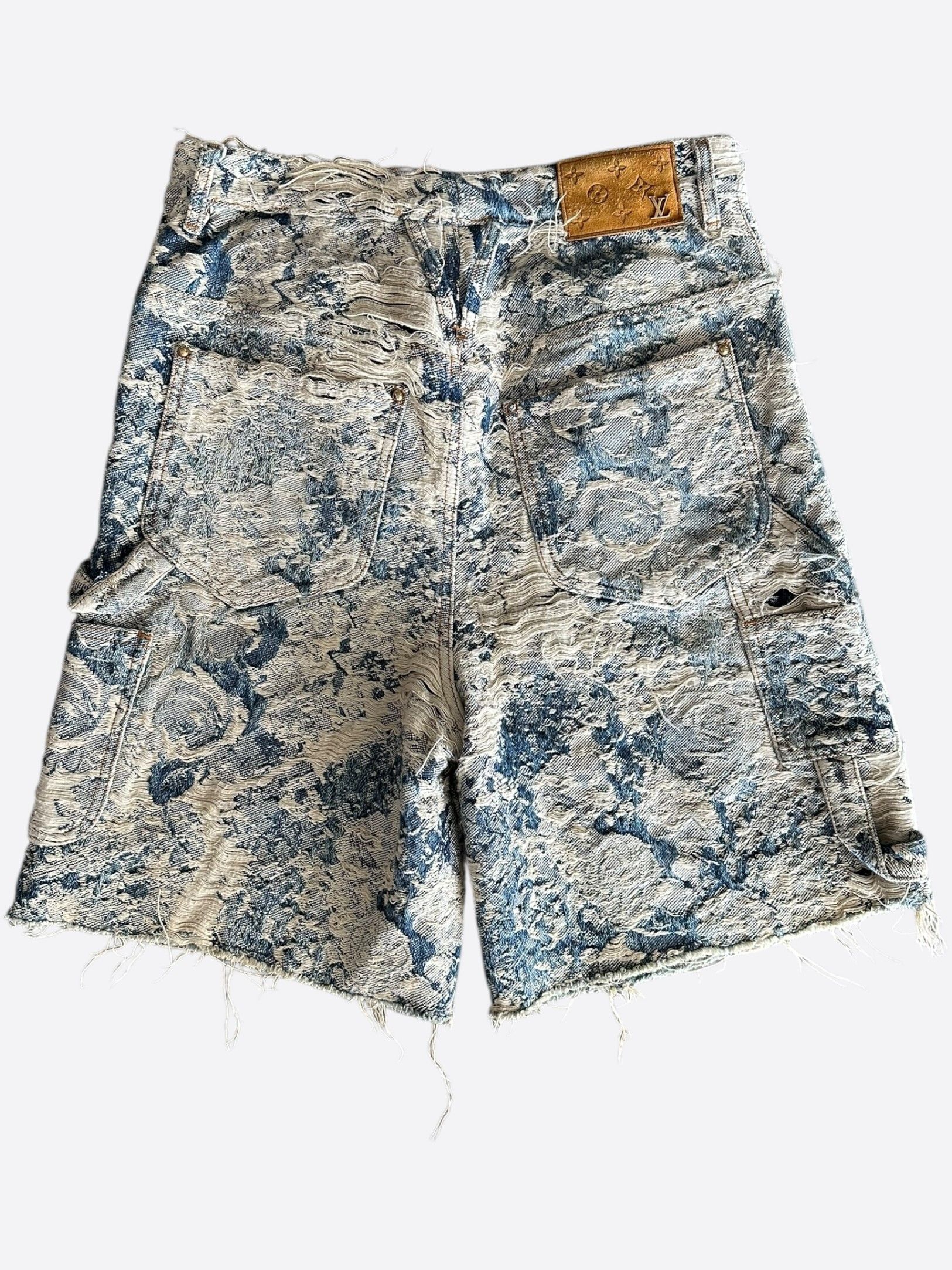 Louis Vuitton Blue & White Floral Distressed Carpenter Shorts Size US 28 / EU 44 - 2 Thumbnail