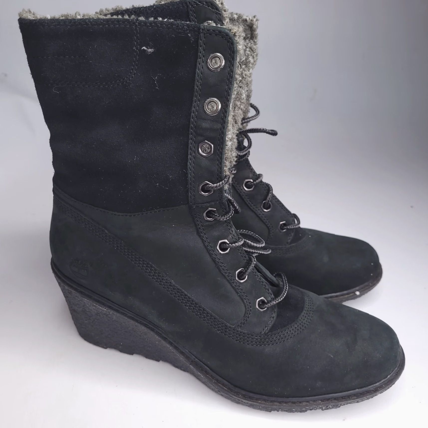 Timberland Timberland Boots Women 8.5 Winter Leather High Heel Bootie Black Sherpa Warm Dark Olive Green Vintage No (adjusted?) Size US 9 / IT 39 - 2 Thumbnail