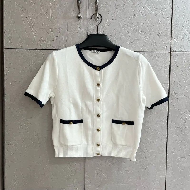 Miu Miu Miu Miu White Cotton Short-Sleeve Sweater 0089 Size S / US 4 / IT 40 - 1 Thumbnail