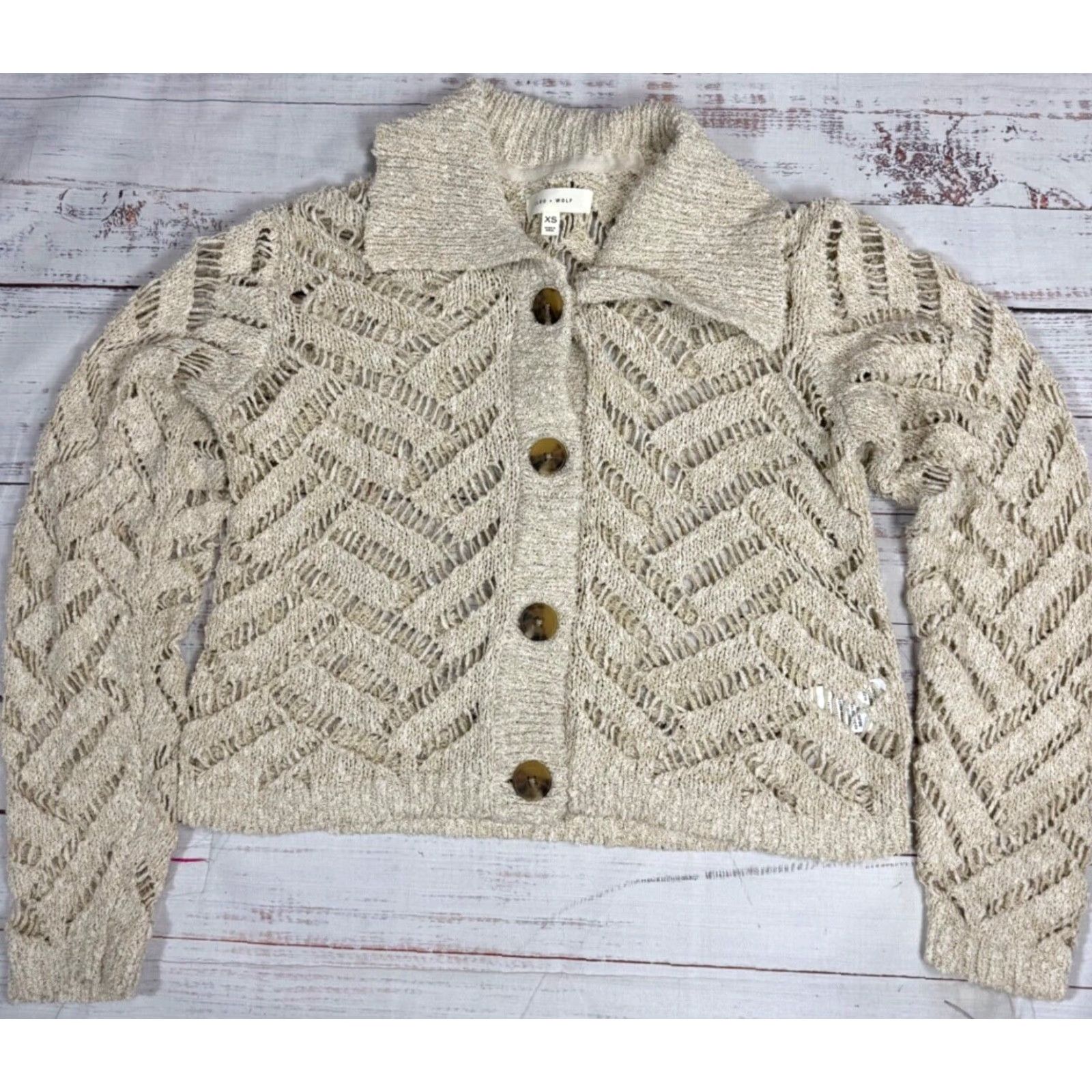 Vintage Cleo + Wolf Cardigan XS Beige Open-Knit Collared Cropped Waist Womens Sweater Size XS / US 0-2 / IT 36-38 - 2 Thumbnail