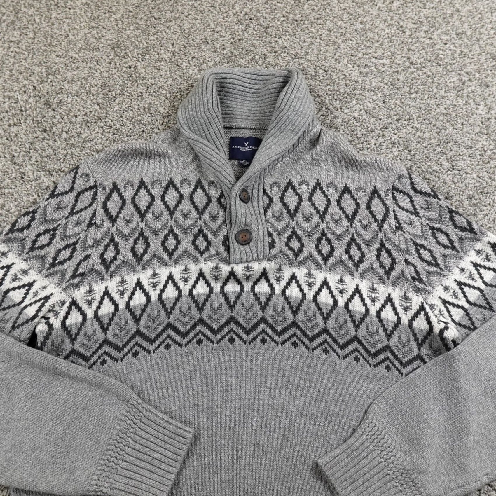 American Eagle Outfitters American Eagle Outfitters Sweater Mens L Gray Fair Isle Nordic Shawl Henley Sweatshirt Size US L / EU 52-54 / 3 - 5 Thumbnail