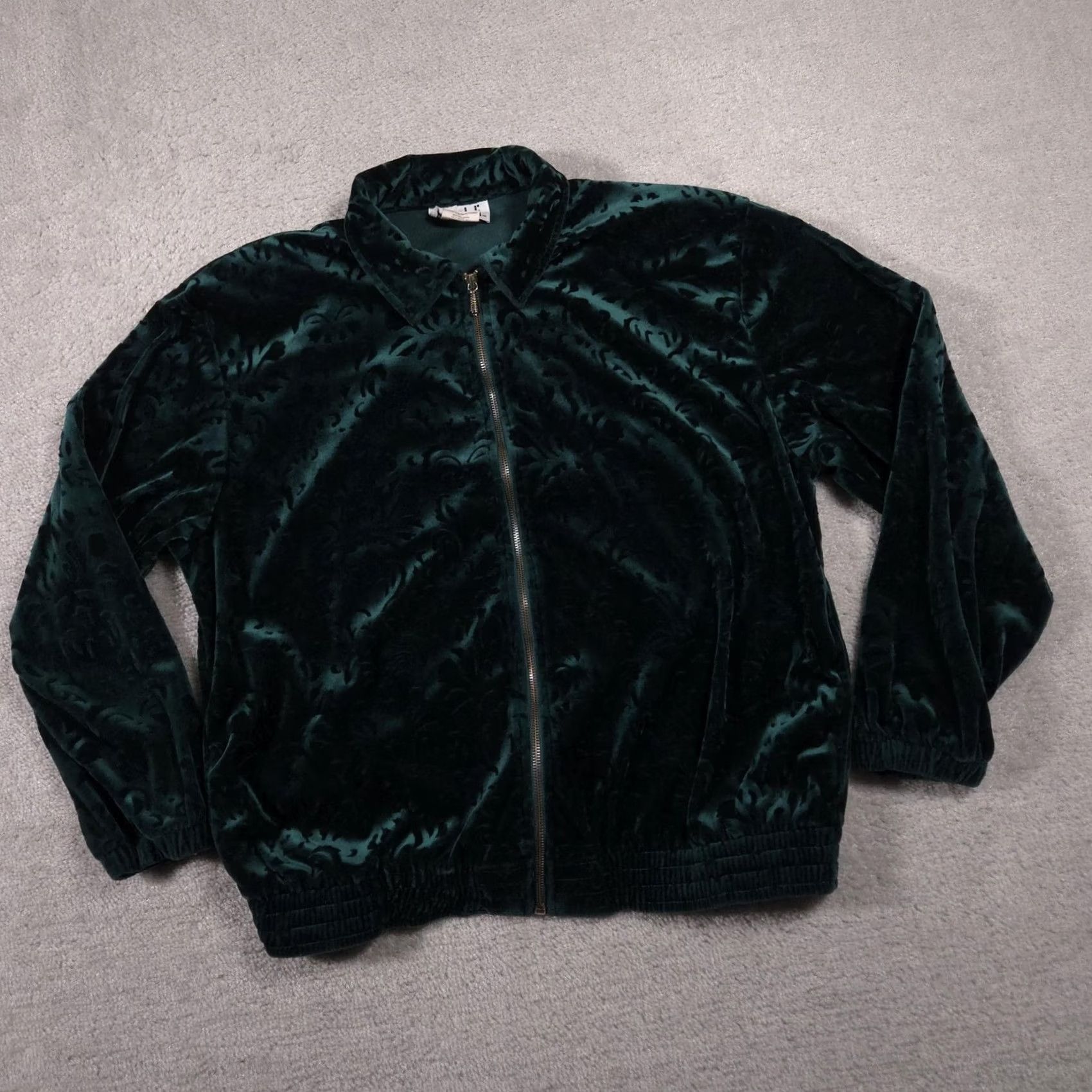 Velour Teddi Jacket Womens Medium Green Velour Zip Front Embossed Velvet Elastic Hem Size M / US 6-8 / IT 42-44 - 2 Thumbnail