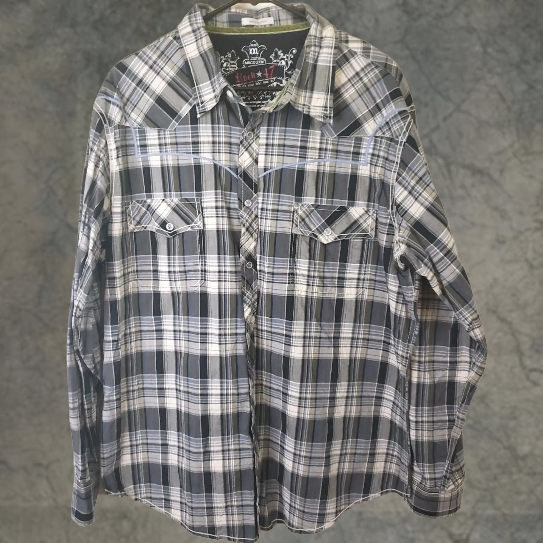 47 Rock 47 Shirt Mens XXL 2XL Long Sleeve Pearl Snap Plaid Gray Black Size US XXL / EU 58 / 5 - 1 Thumbnail
