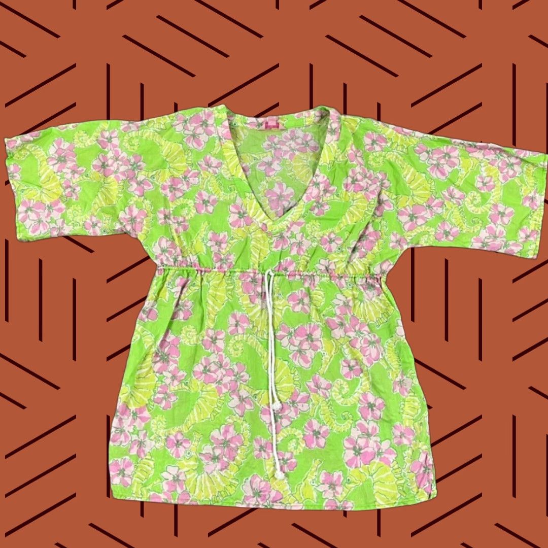 Lilly Pulitzer Lilly Pulitzer Blouse Top Womens S Green Pink Floral Seahorse Penelope Tunic Shirt Blouse Size S / US 4 / IT 40 - 1 Thumbnail