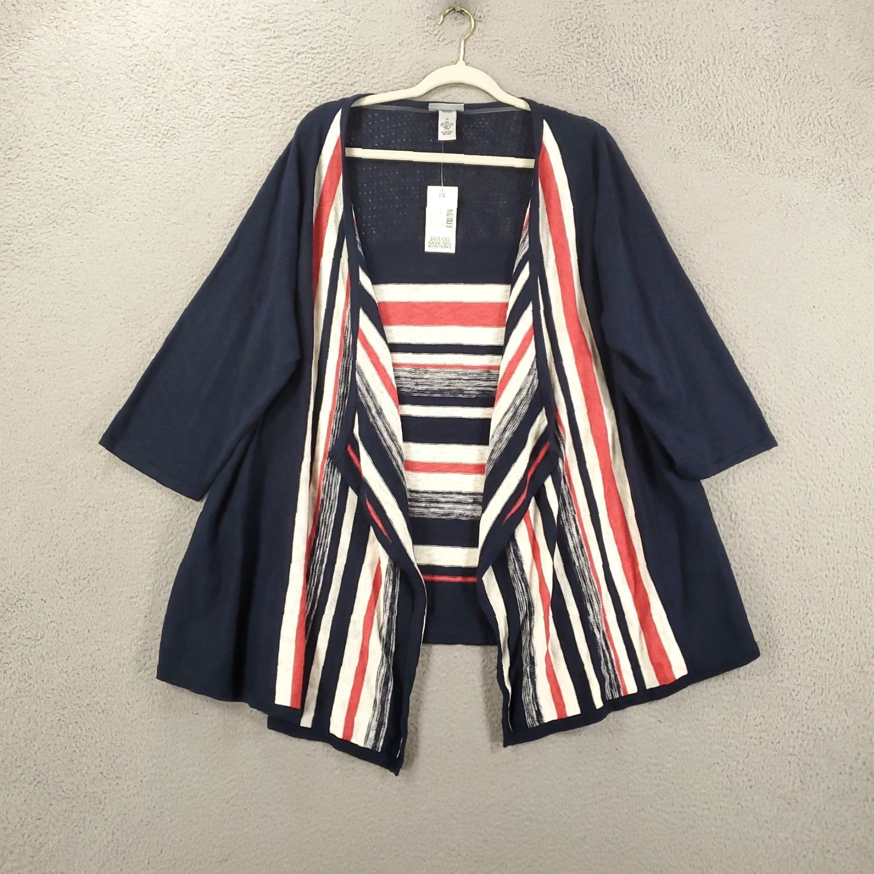 Vintage CATHERINES Women's Cardigan Sweater Open Front Knit Casual Plus Size 1X Navy Blue Red White Trim Size XL / US 12-14 / IT 48-50 - 2 Thumbnail