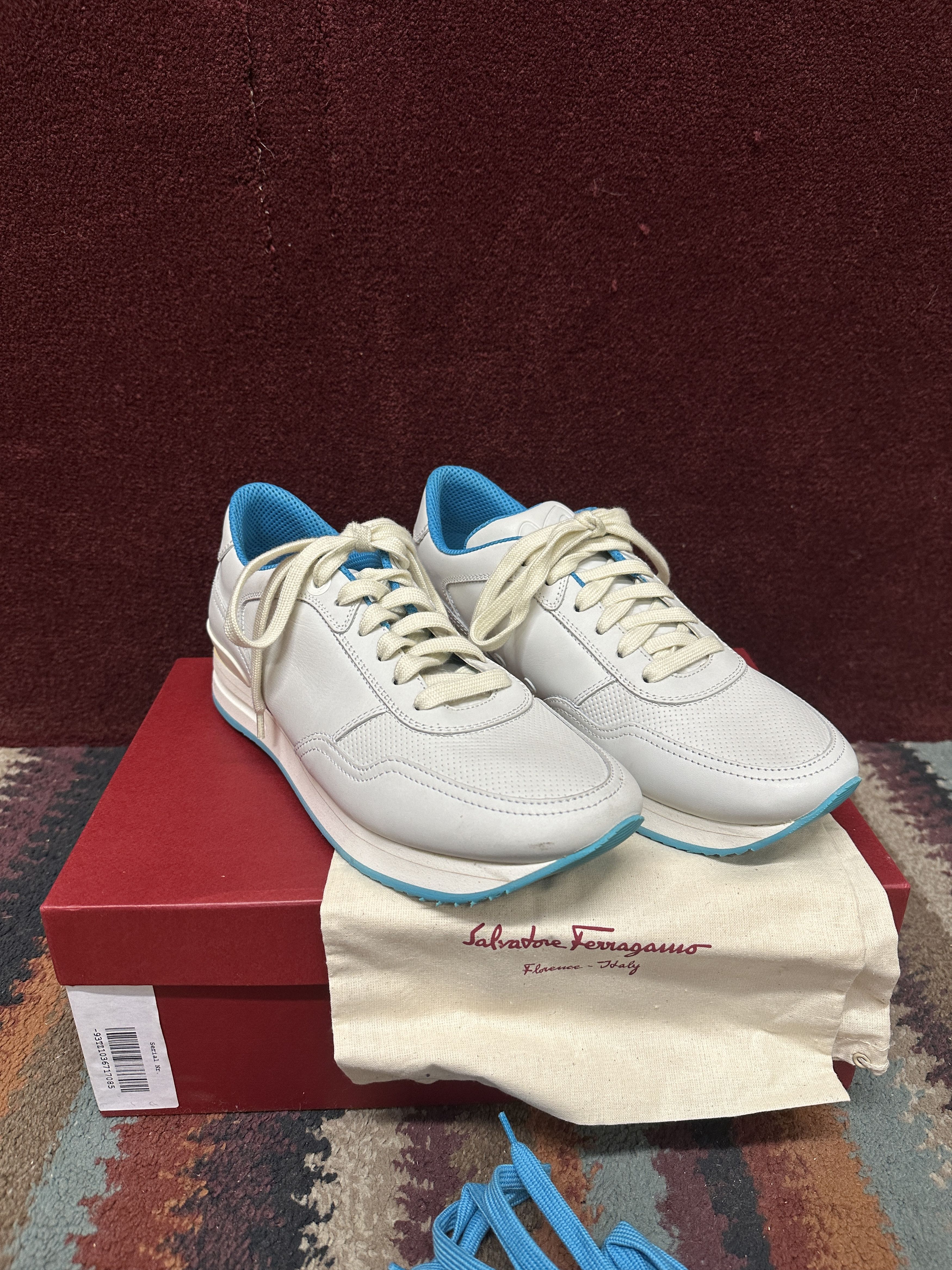 Salvatore Ferragamo Ferragamo Tower Light Grey Leather Sneakers, with blue trim Size US 8.5 / EU 41-42 - 2 Thumbnail