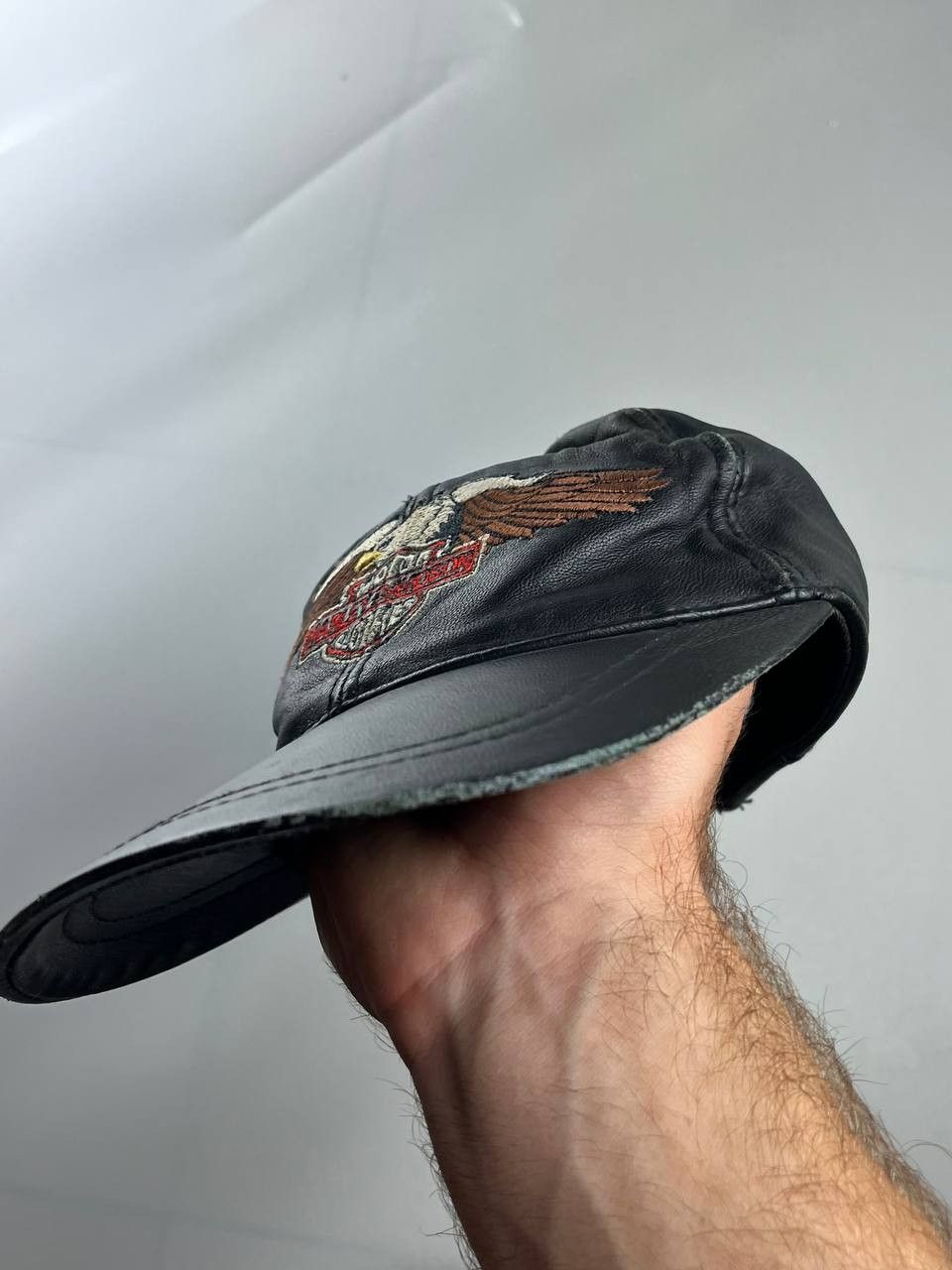 Harley Davidson × Vintage Rare Vintage Harley Davidson Leather Big Logo Cap Size ONE SIZE - 5 Thumbnail