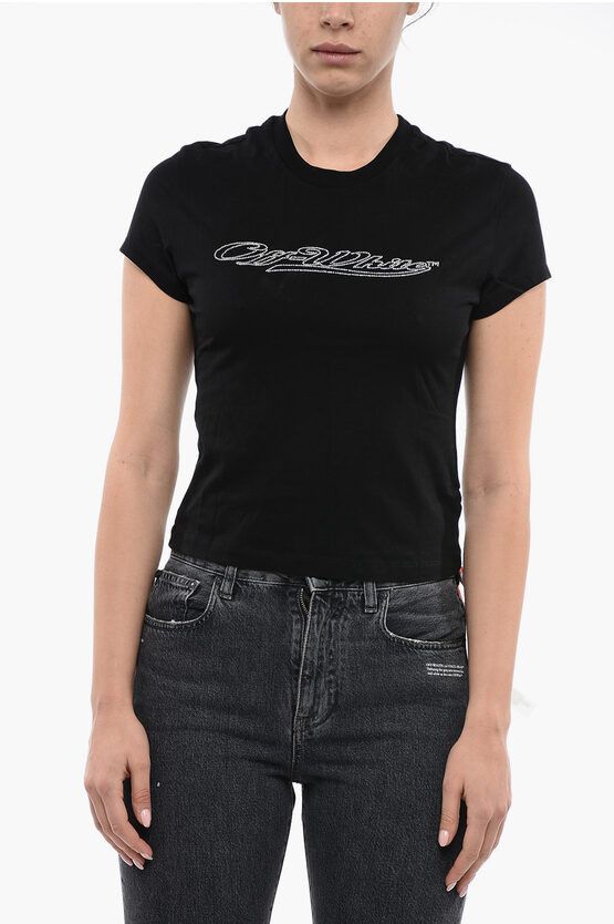 image of Off White Short Sleeved Bling T-Shirt With Rhinestones Logo in Black, Women's (Size 2XS)