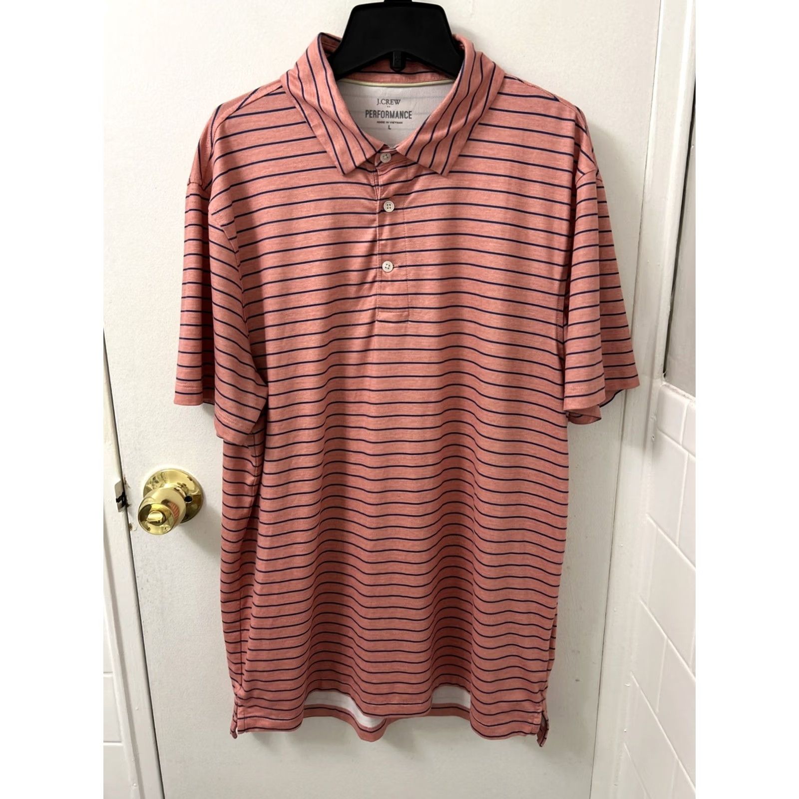 J.Crew J.CREW Performance Shirt Polo Mens Large Pink Blue Striped Short Sleeve, Wool? Size US L / EU 52-54 / 3 - 2 Thumbnail