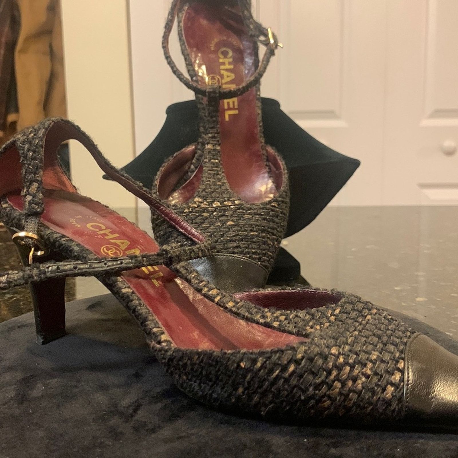 Chanel Tweed Captoe T Strap Shoes Heels in Black, Women's (Size 8)