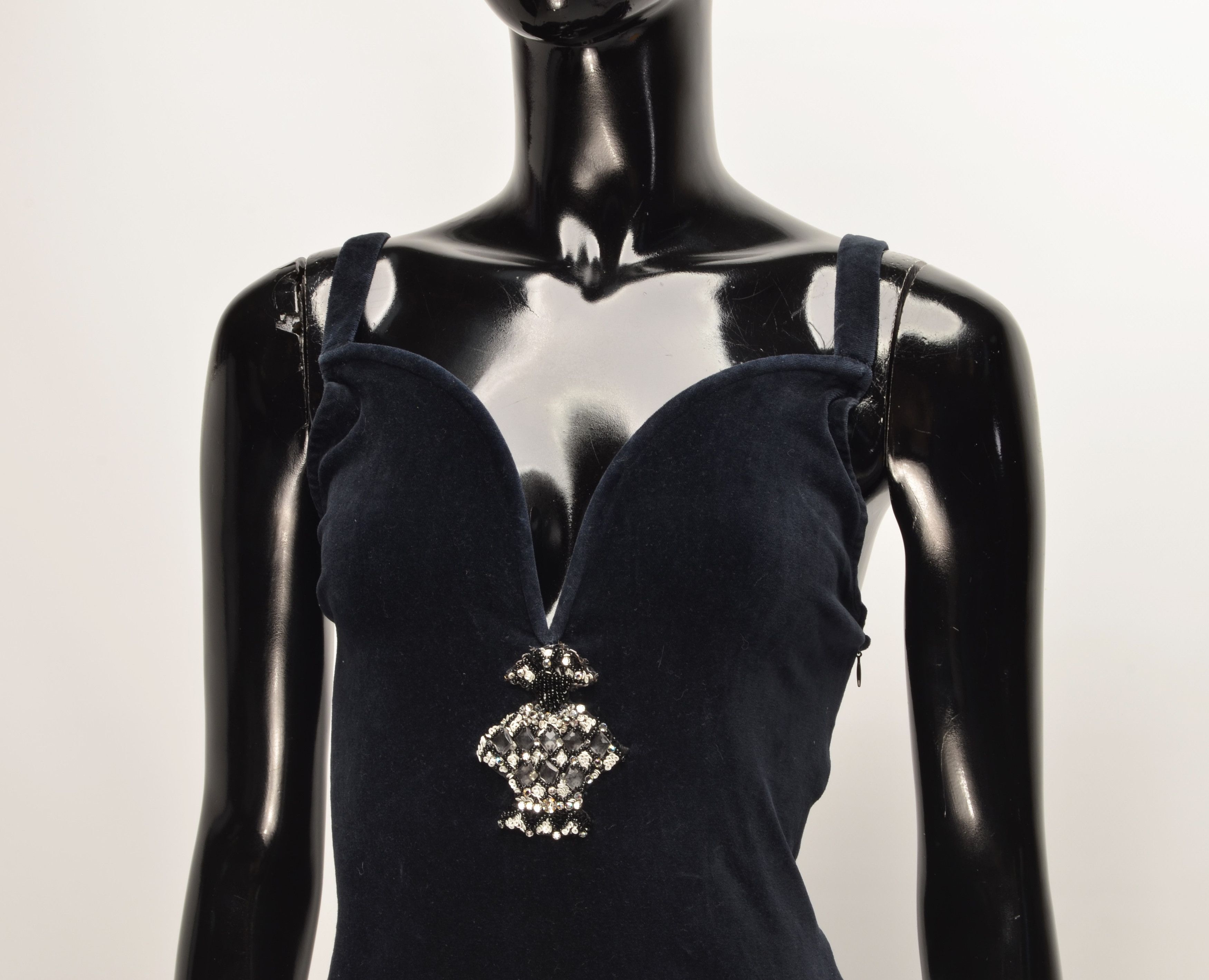 Anna Molinari Blumarine X Anna Molinari 90's Navy V-Neck Embroidered Dress Size XS / US 0-2 / IT 36-38 - 2 Thumbnail