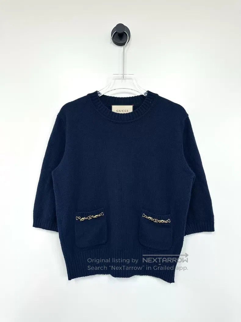 Gucci Gucci Dark blue cashmere gold buckle chain knitted short s Size S / US 4 / IT 40 - 1 Thumbnail