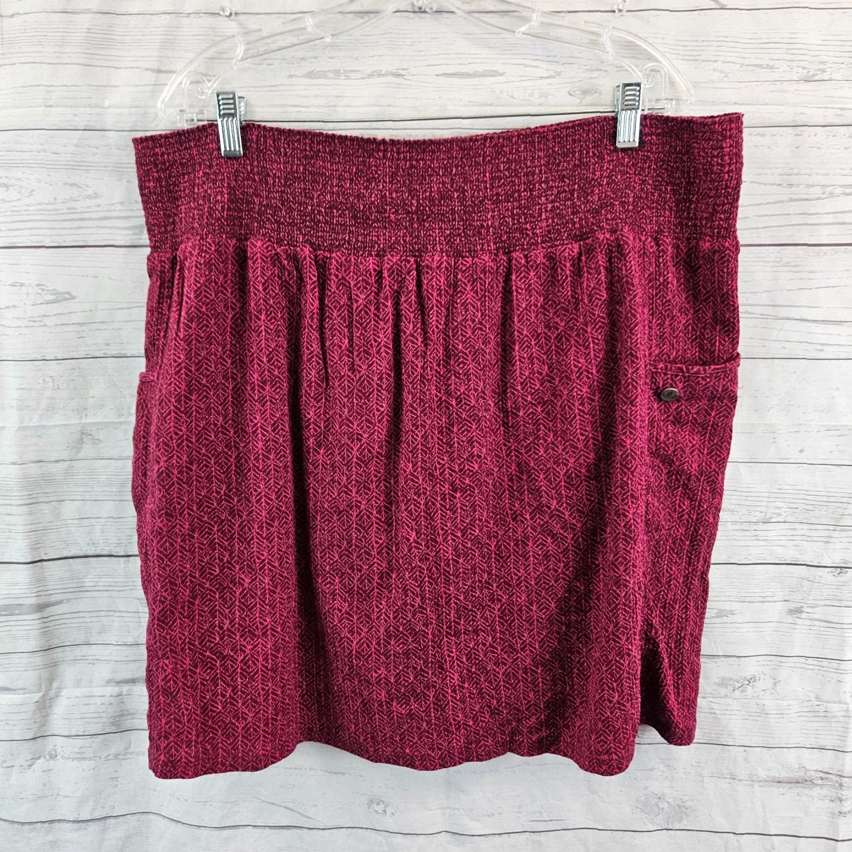 Prana Prana Womens Skirt XL Black Cherry Bodhi Suger Pine Smocked Pockets Waist A-Line Short Cotton Multicolor Womens Size 40" / US 18 - 2 Thumbnail