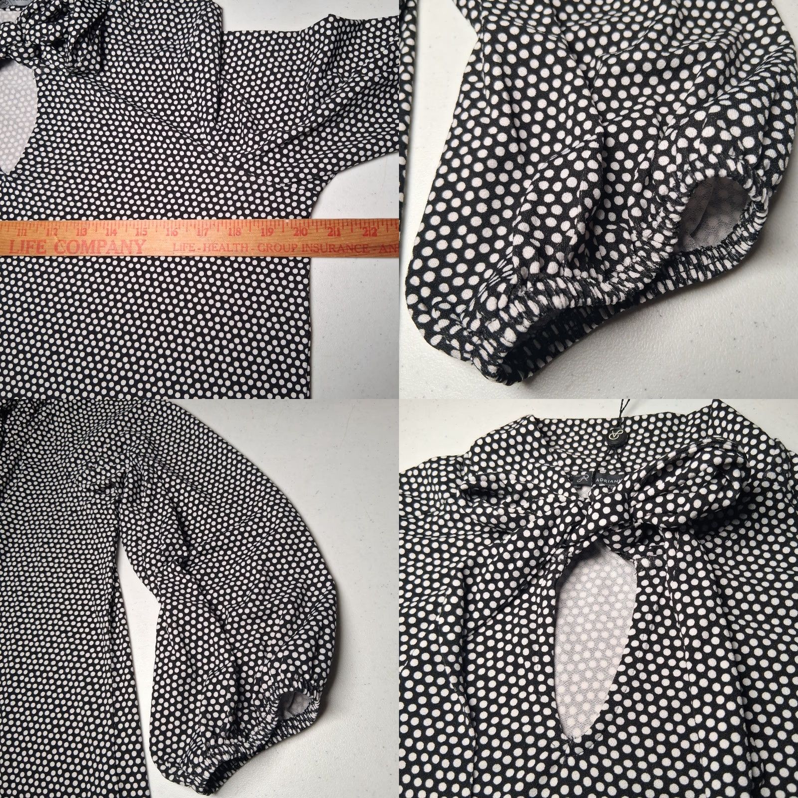 Adrianna Papell Adrianna Papell Blouse Large Black White Polka Dot Tie Neck Stretch NEW Size L / US 10 / IT 46 - 9 Thumbnail