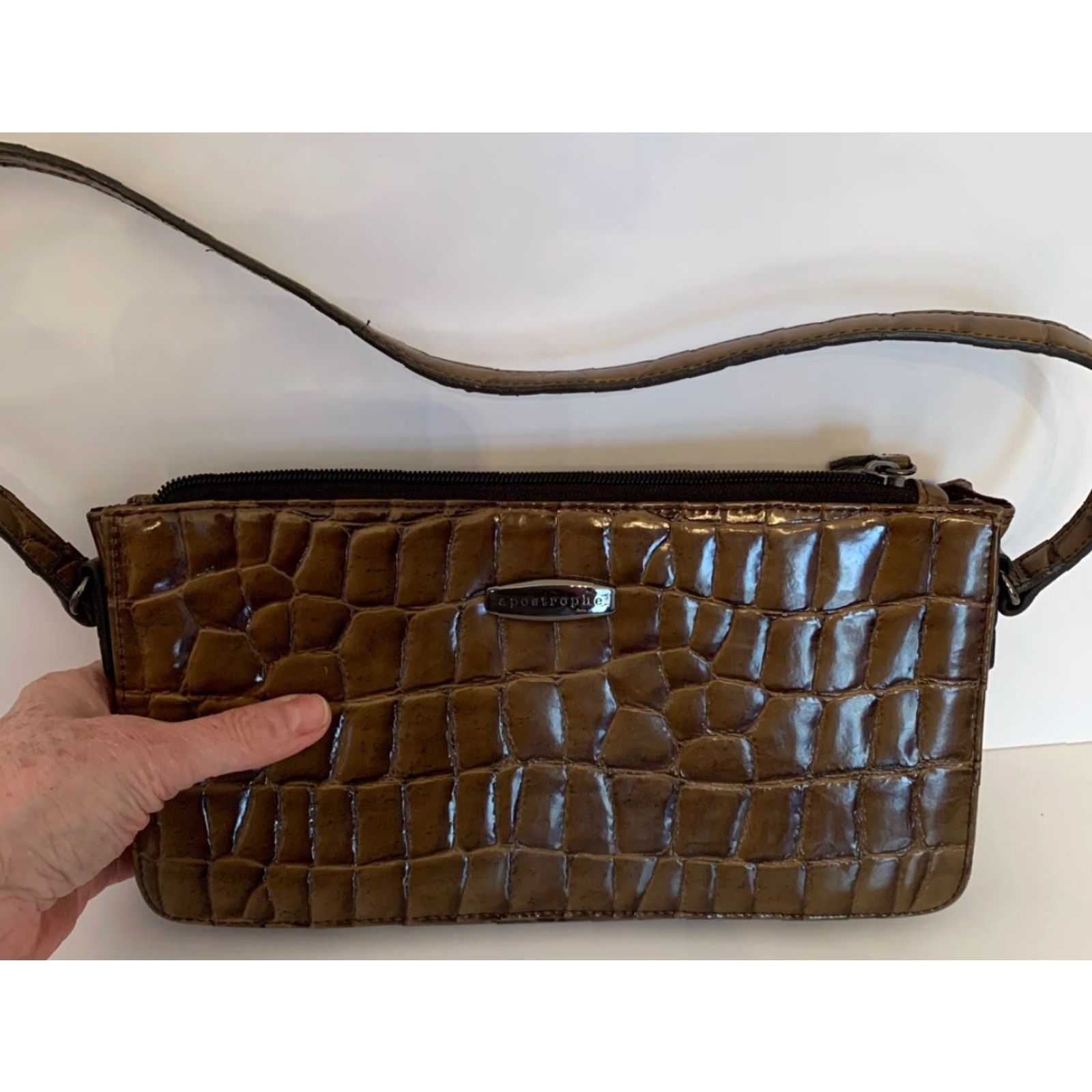 Vintage Apostrophe Purse Brown Patent Embossed Croc Faux Leather Handbag Size ONE SIZE - 2 Thumbnail