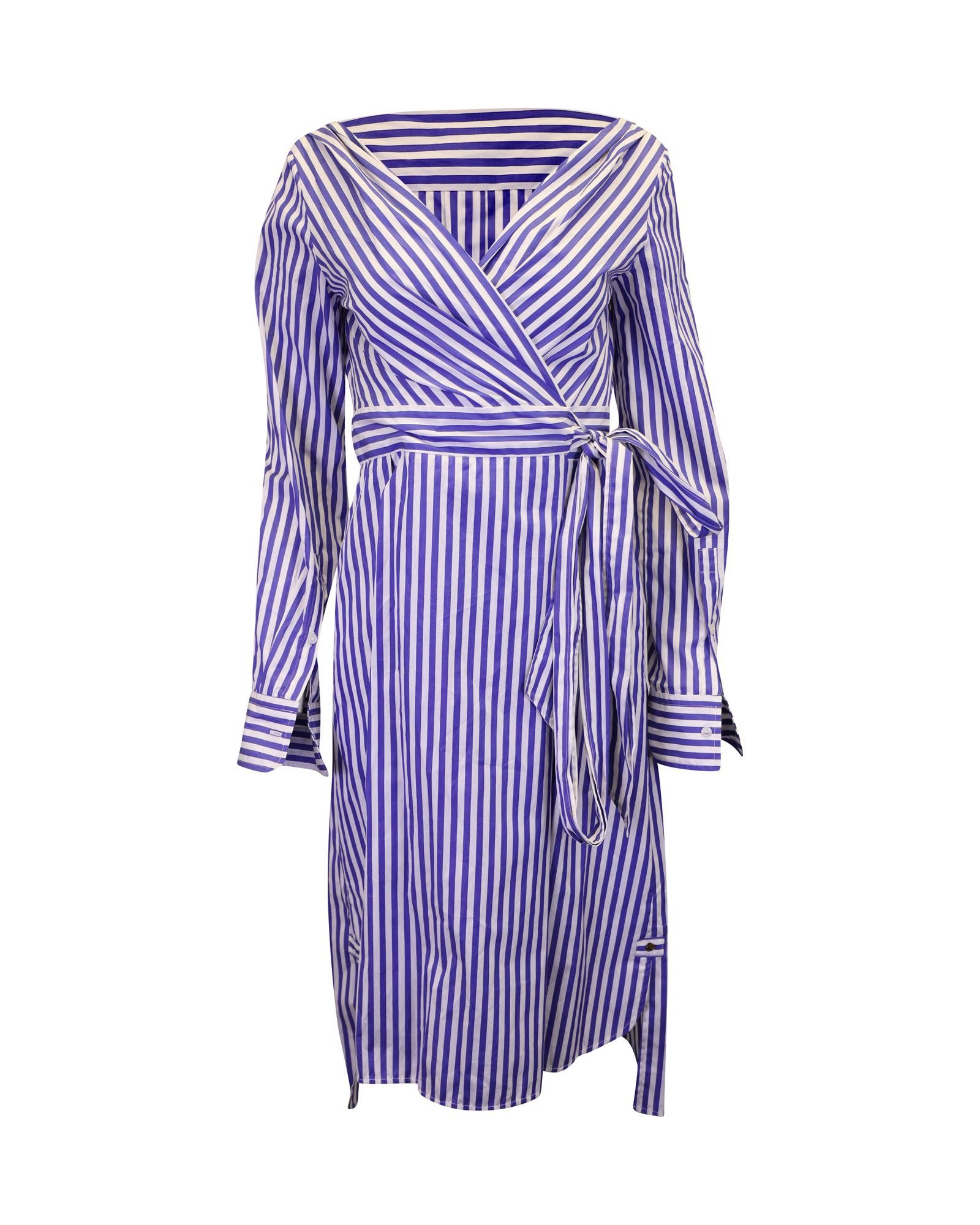 image of Max Mara Striped Cotton Poplin Wrap Dress With Waist-Defining Belt in Blue, Women's (Size XS)