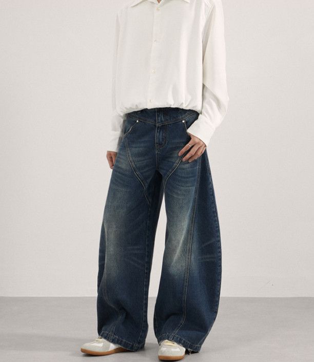 Street curved wash straight leg patchwork wide-leg jeans