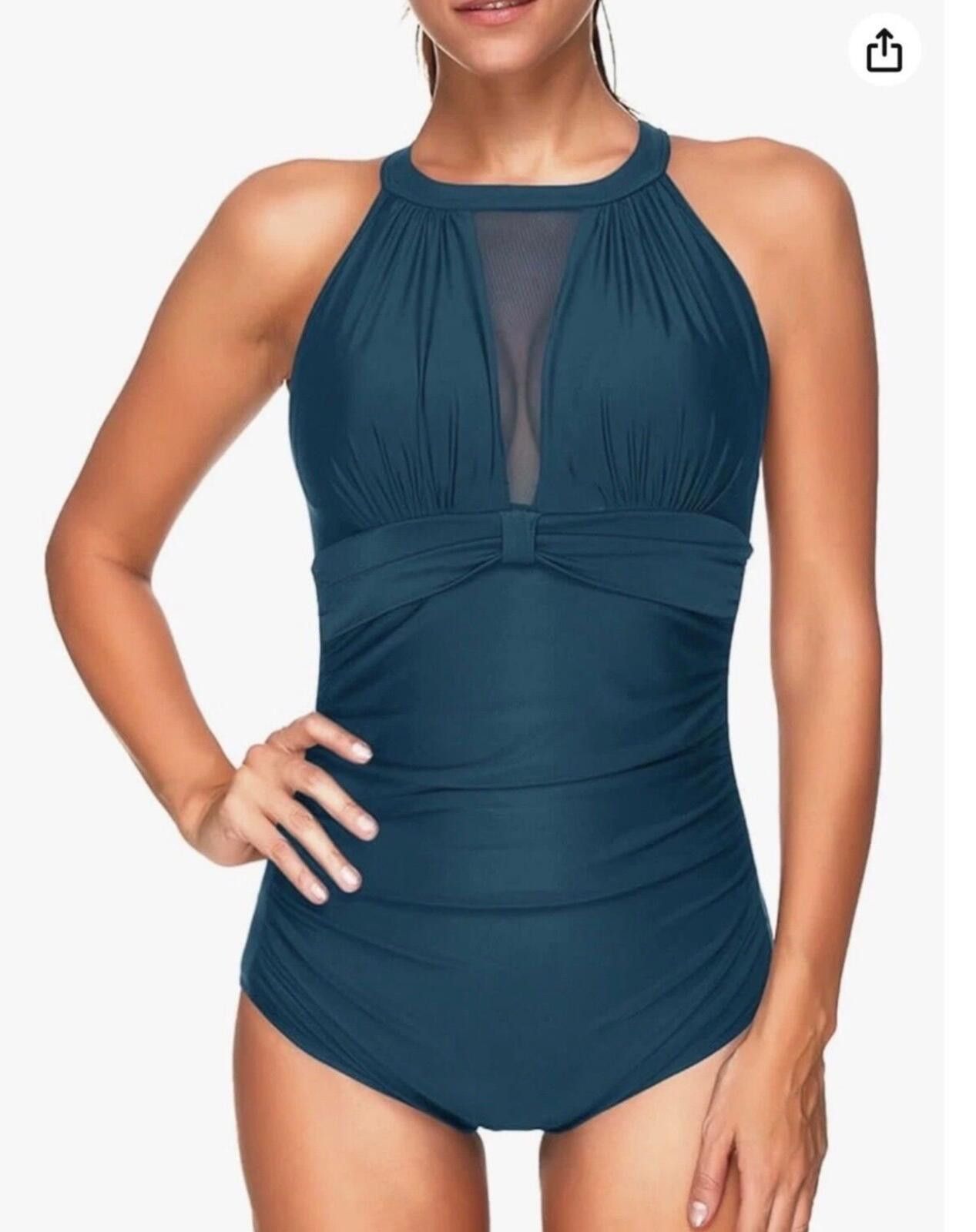 Other Chic Tummy Control High Neck Mesh One Piece Swimsuit Teal Size ONE SIZE - 3 Thumbnail