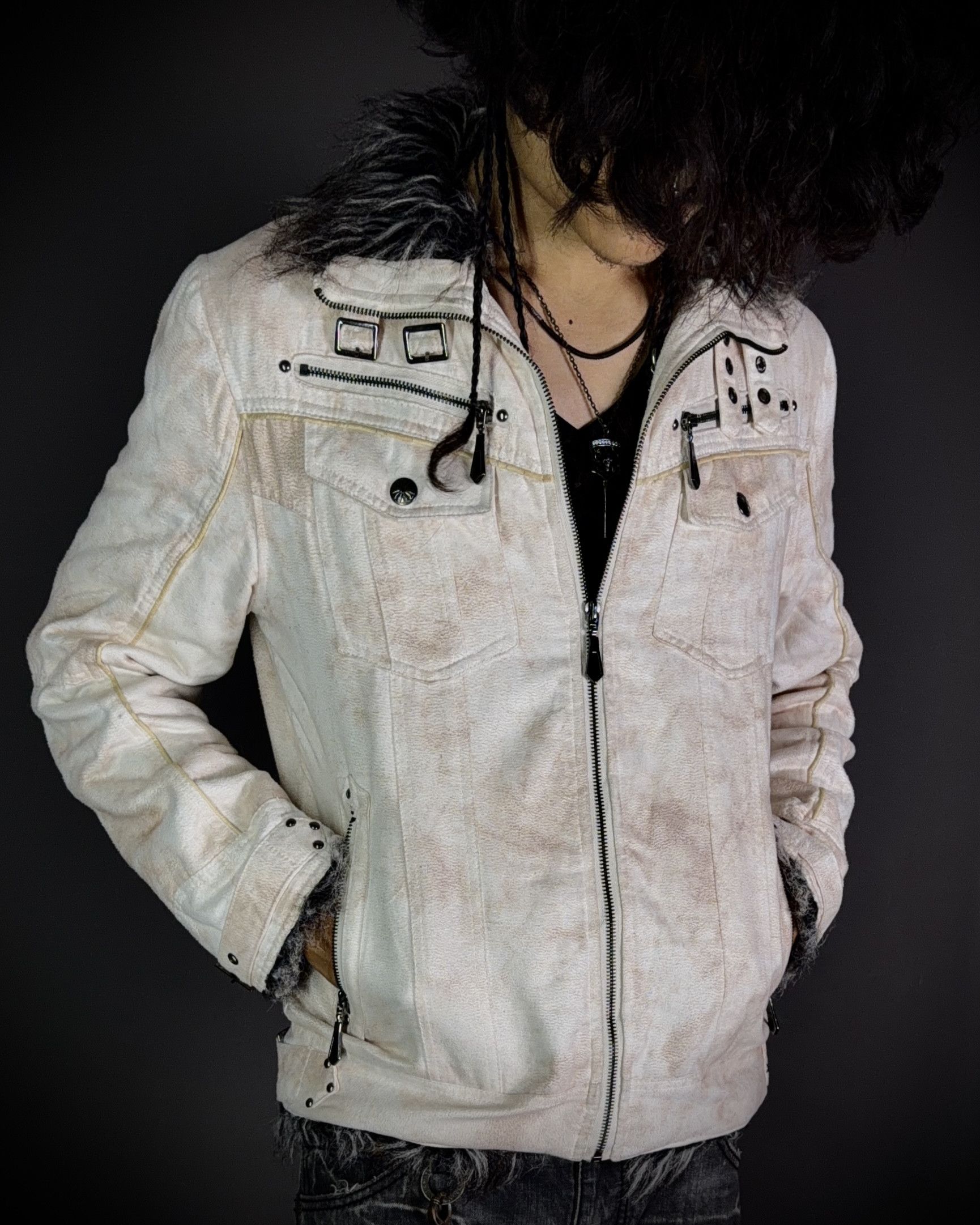 In The Attic Bone White Faux Fur Rider Jacket