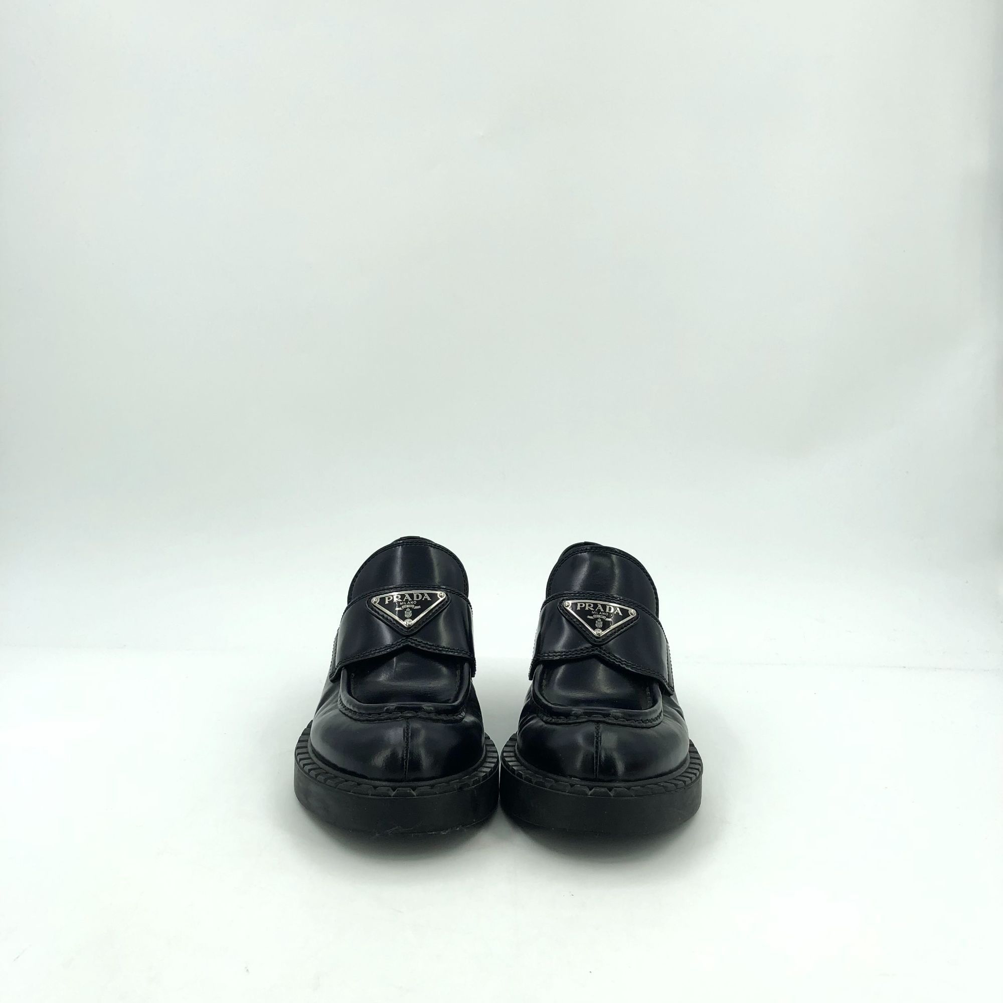 Prada Prada Womens Black Leather Loafers Size 35 Thick Sole Triang Size US 5 / IT 35 - 8 Thumbnail