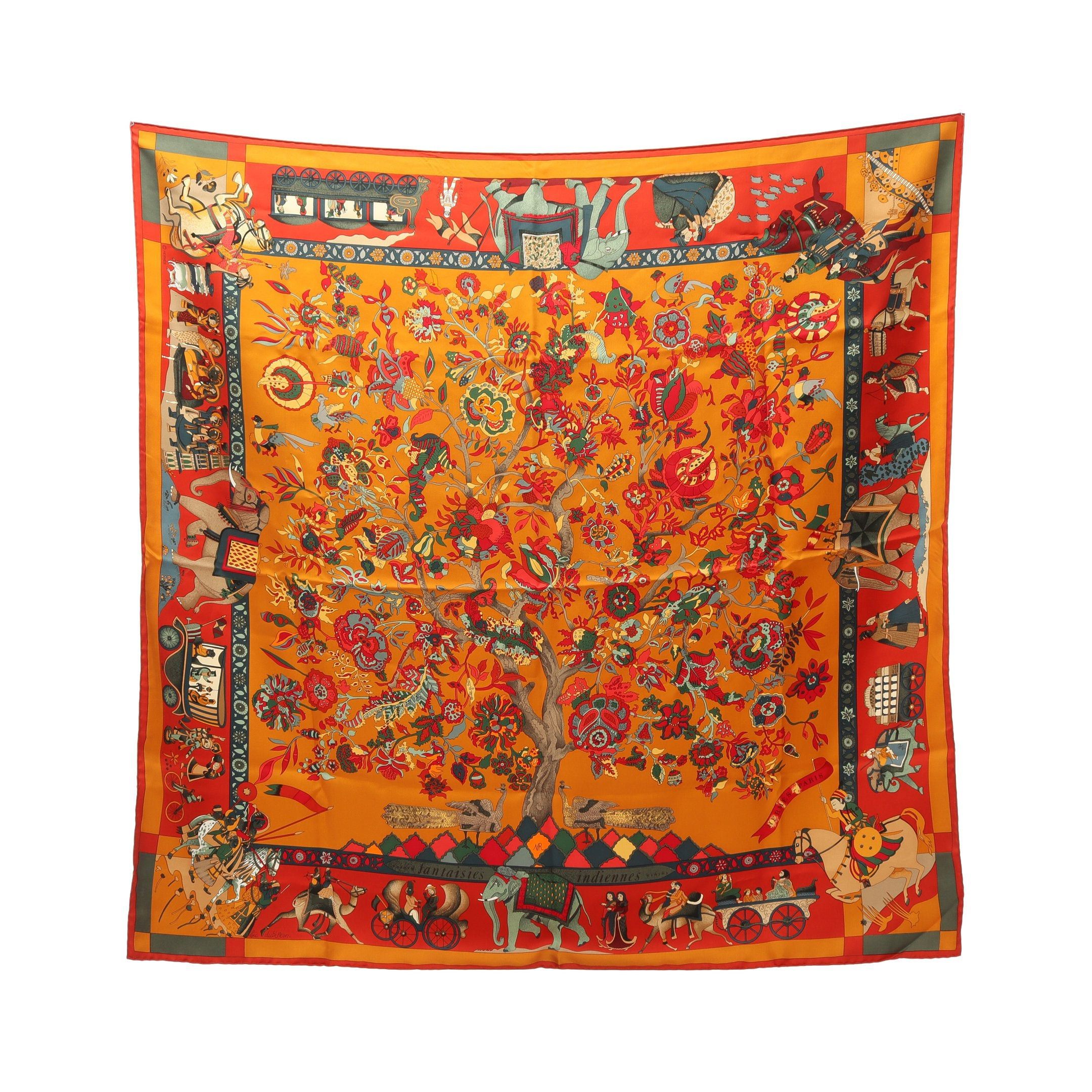 Hermes Hermes Carres 90 Fantaisies Indiennes Scarf Silk Orange Multicolor Size ONE SIZE - 1 Thumbnail