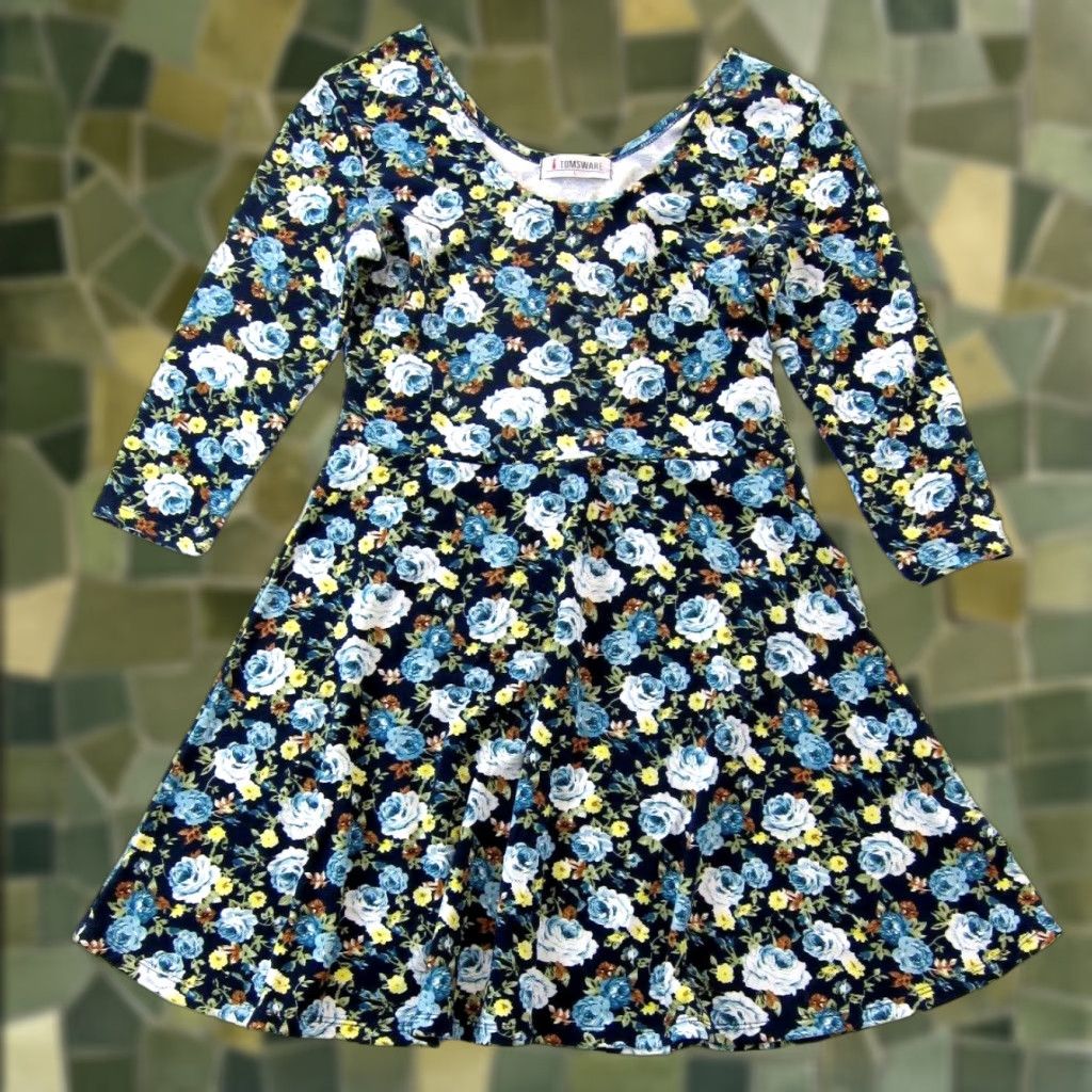 Vintage Tomsware Jersey Stretch Blue Yellow Floral 3/4 Sleeve Empire Waist Dress Large Size L / US 10 / IT 46 - 1 Thumbnail