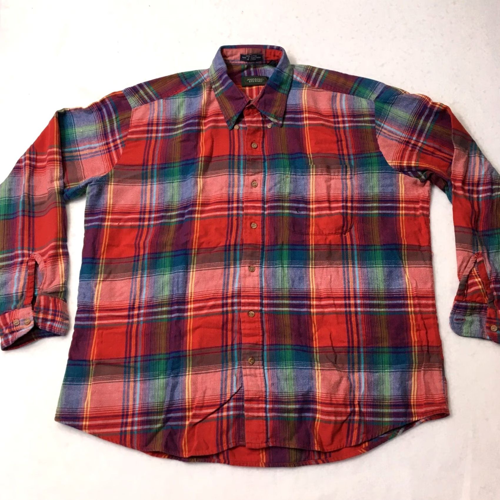 Vintage VINTAGE jonathan stewart Dress plaid Board Shirt Loop Collar Flap XL lt red cotton Men Button-Up Plaid Pattern Long Sleeve 60s Vintage Theme Mens Size 46R - 2 Thumbnail