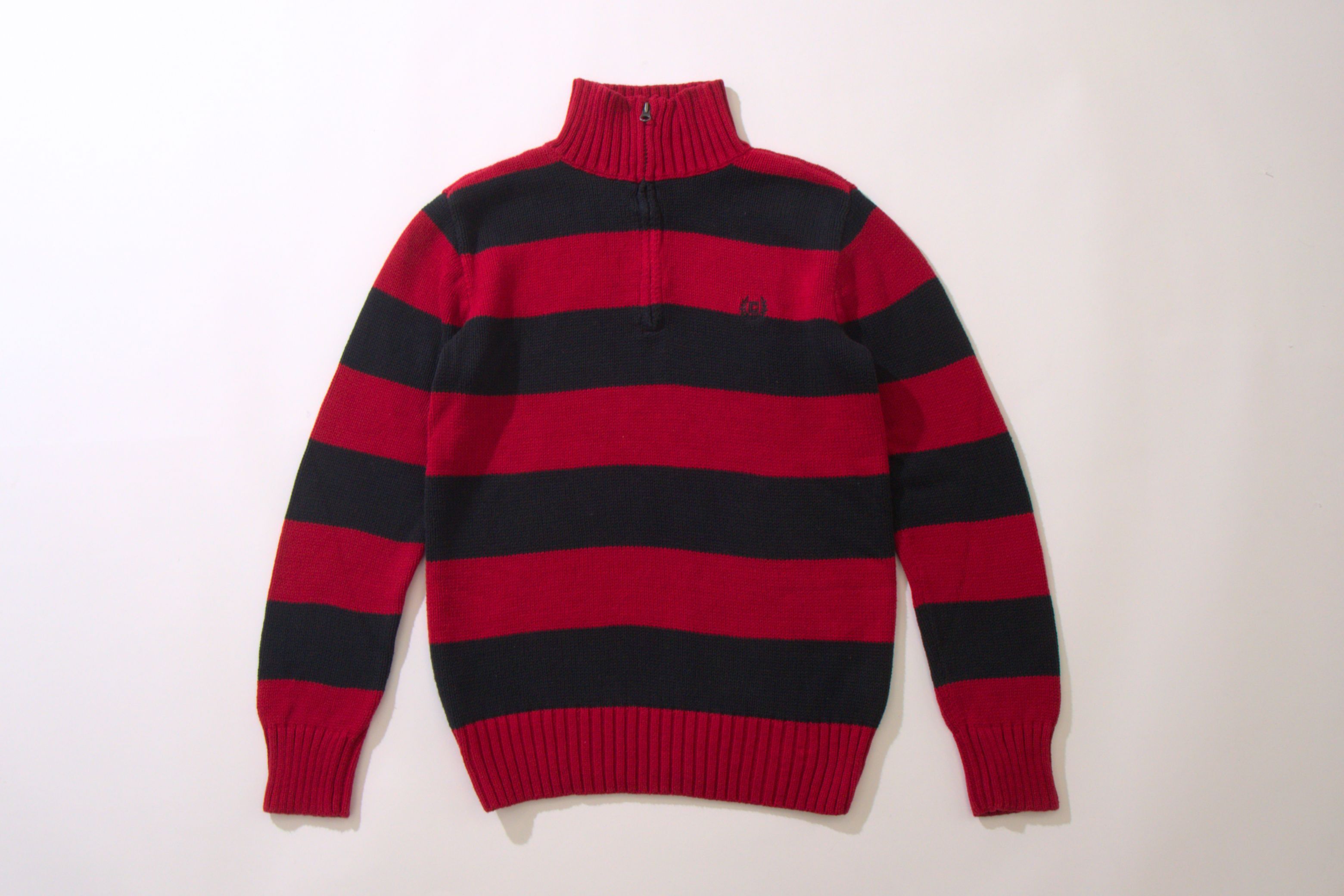 Chaps Ralph Lauren Vintage Red Black Striped Quarter Zip Knit (Medium) Size US M / EU 48-50 / 2 - 2 Thumbnail