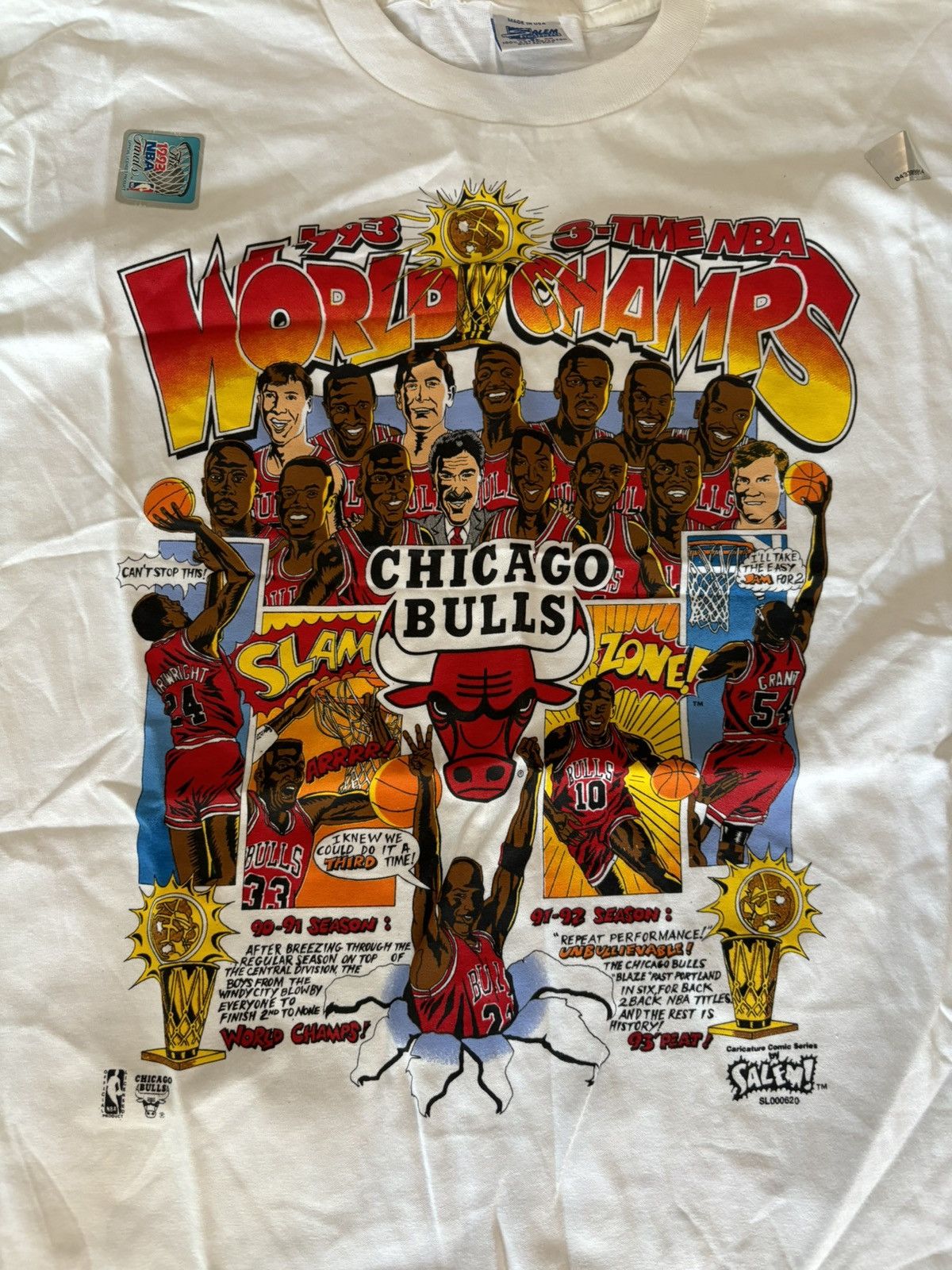 image of Salem Sportswear 1993 Chicago Bulls Championship 3 Peat Tee Shirt in White, Men's (Size XL)