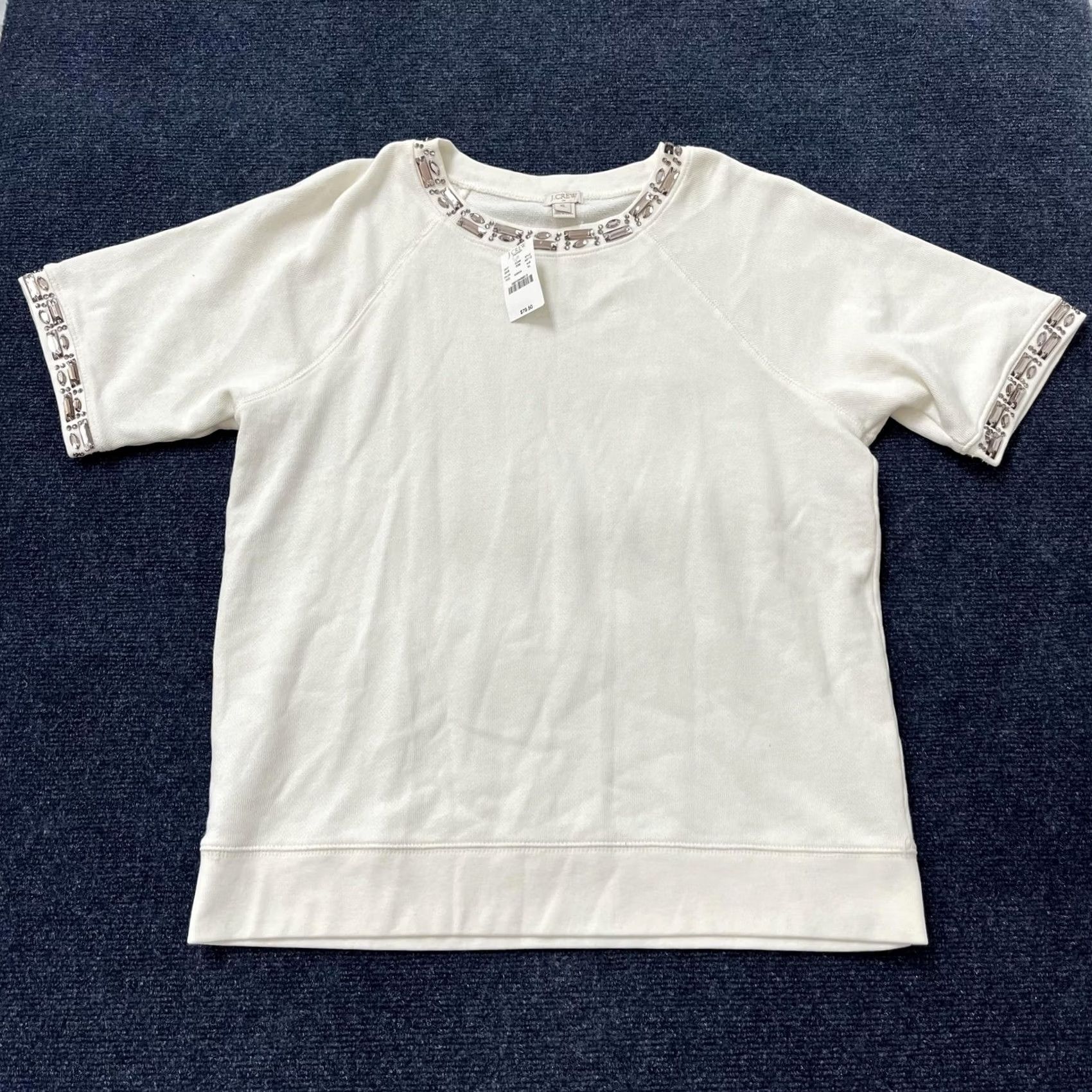 J.Crew J Crew Factory Sweater Womens XL White Jeweled Neck Cotton Short Sleeve Size XL / US 12-14 / IT 48-50 - 2 Thumbnail