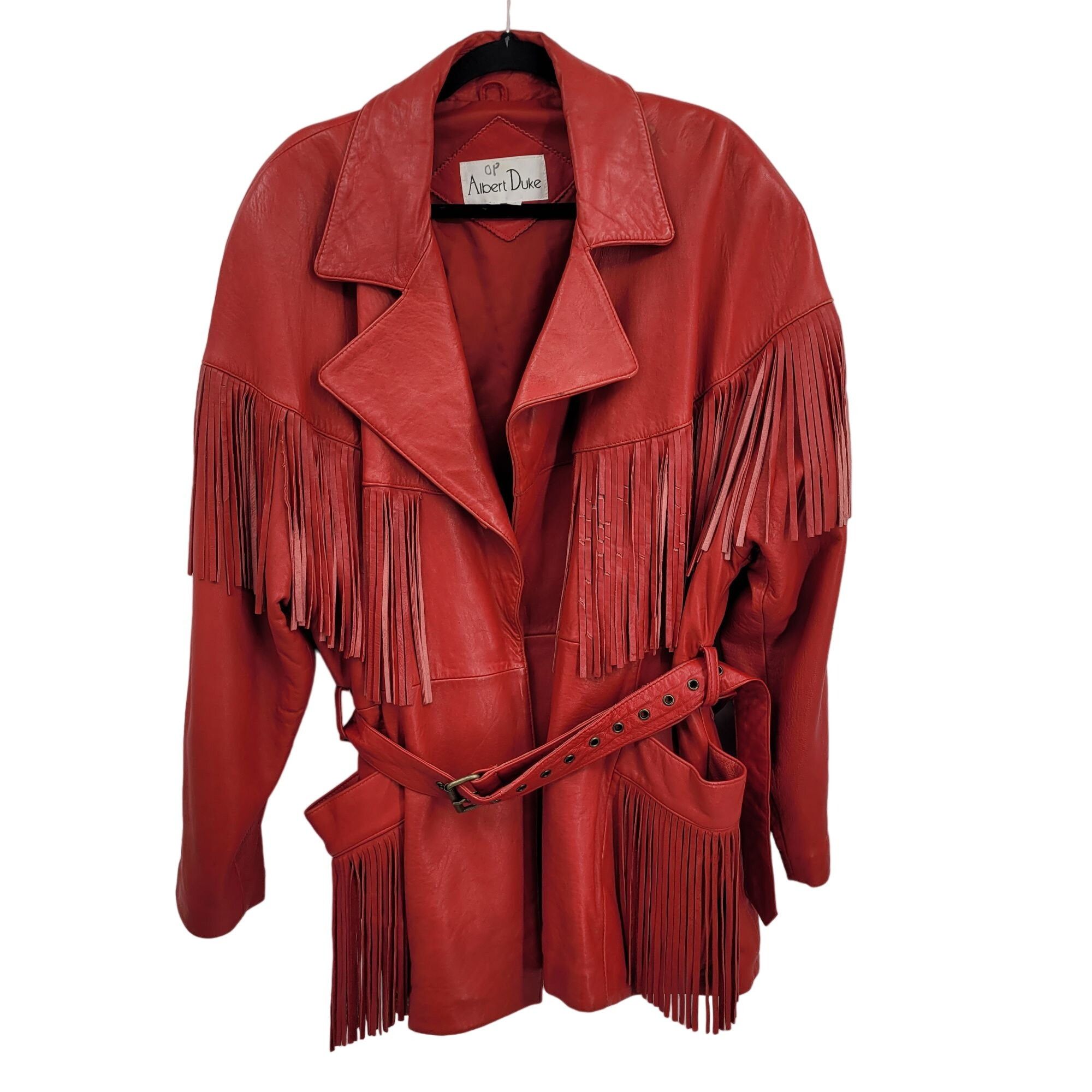 80s Leather Fringed Jacket Coat L Red Oversized Belted Rodeo