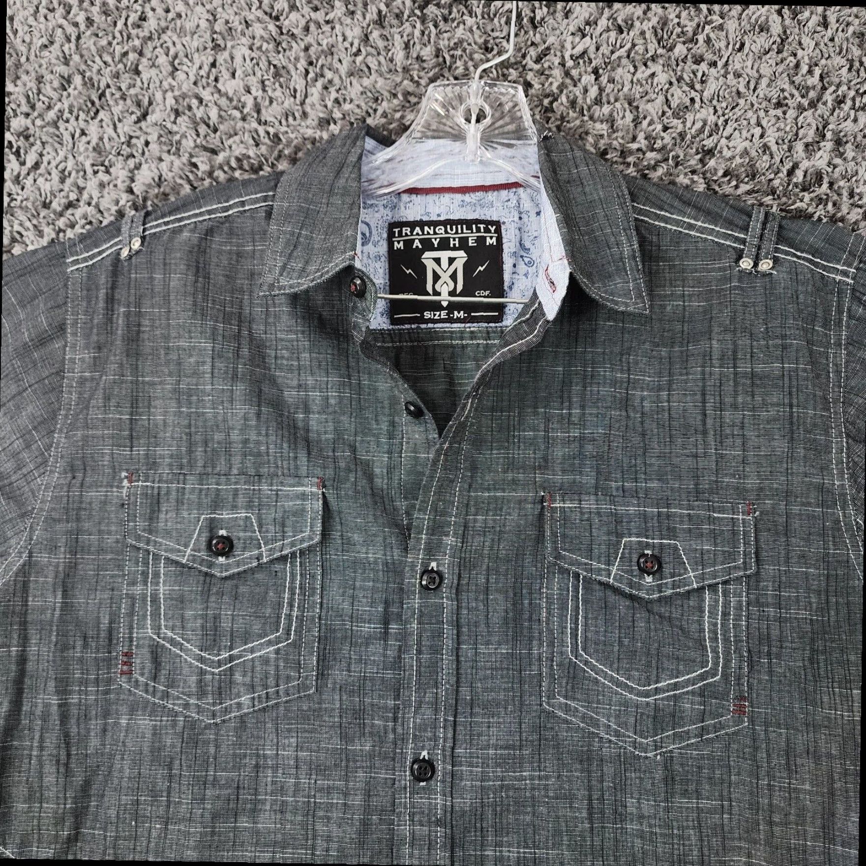 Vintage Tranquility Mayhem Mens Short Sleeve Button Up Shirt with Pockets Gray Size M Size US 31 - 4 Thumbnail