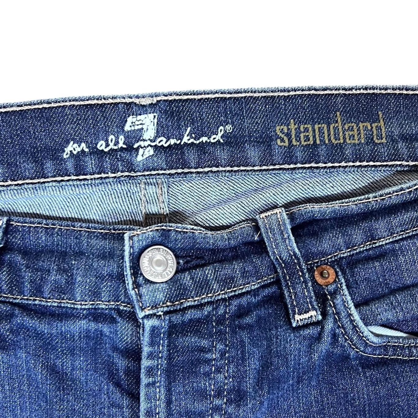 7 For All Mankind 7 FOR ALL MANKIND "Standard" Made In USA Blue Denim Jeans Women 31" Waist 32.5" Inside Leg 32" Leg Width 8" Distressing 90s? Size 31" - 5 Thumbnail