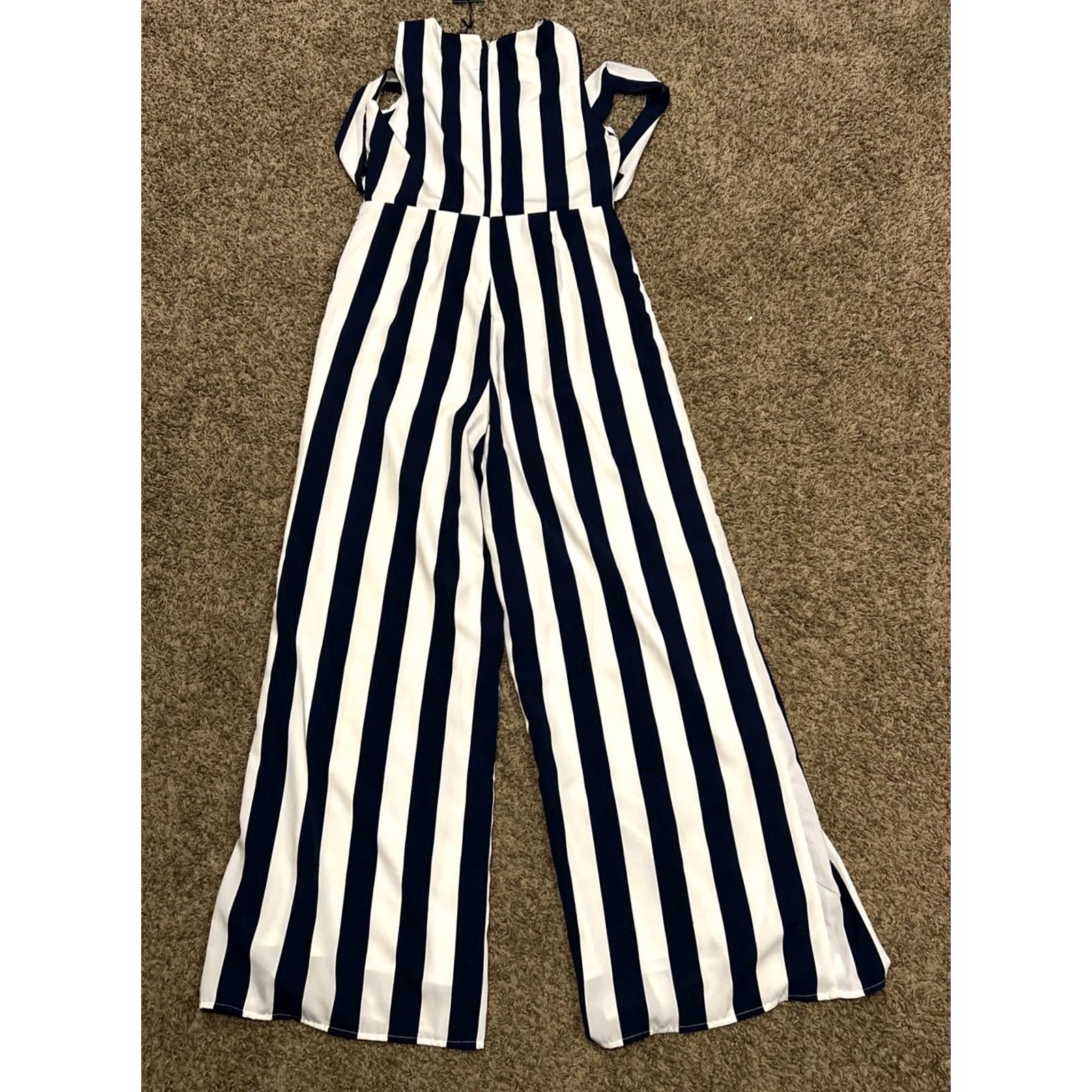 Vintage Shinestar Women’s L Blue White Striped Jumpsuit Sleeveless Polyester One-Piece Casual Vintage: No? (Note: Output should be only rearranged title) Size L / US 10 / IT 46 - 5 Thumbnail